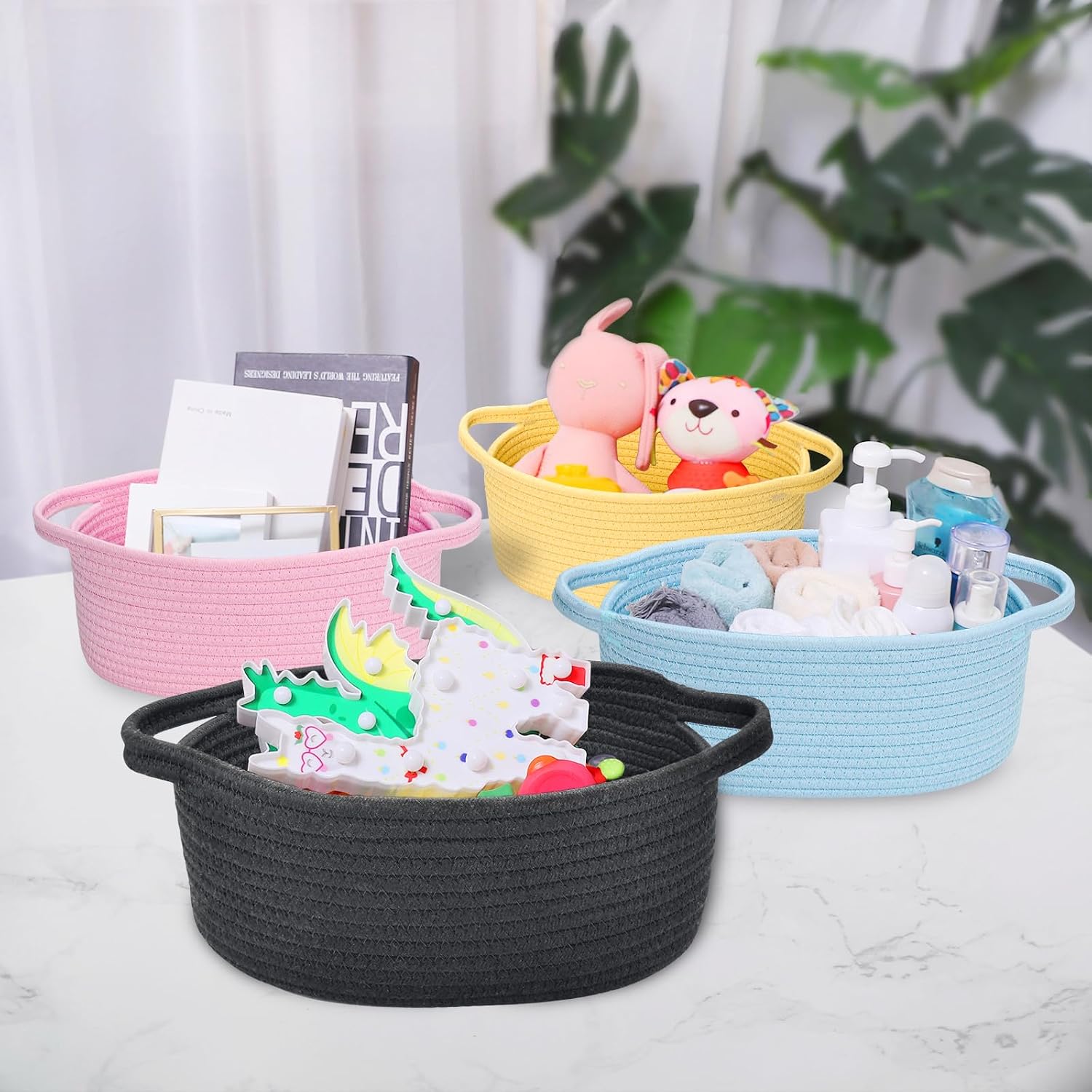 ABenkle Small Basket with Handles, Boho Decorative Rope Woven Dog Cat Toy Storage Bin Shelf Storage Organizer, Easter Christmas Gift Basket, 12"x8"x5"