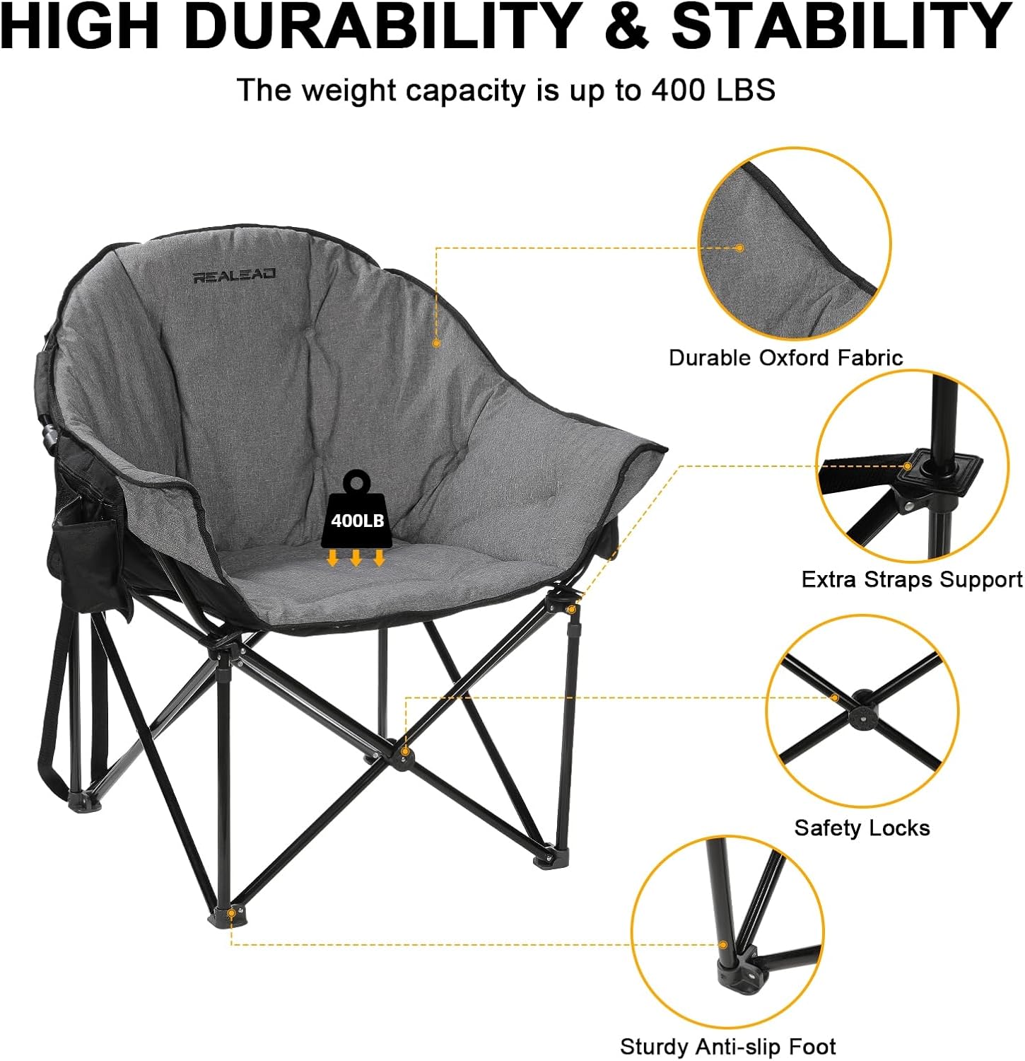 Oversized Camping Chairs Padded Heavy Duty Folding Support 400LBS | Comfy Lawn Chairs for Adults Outdoor Sports with Side Mesh Bag & Cup Holder, Portable Foldable, Sturdy Steel Frame (Grey)