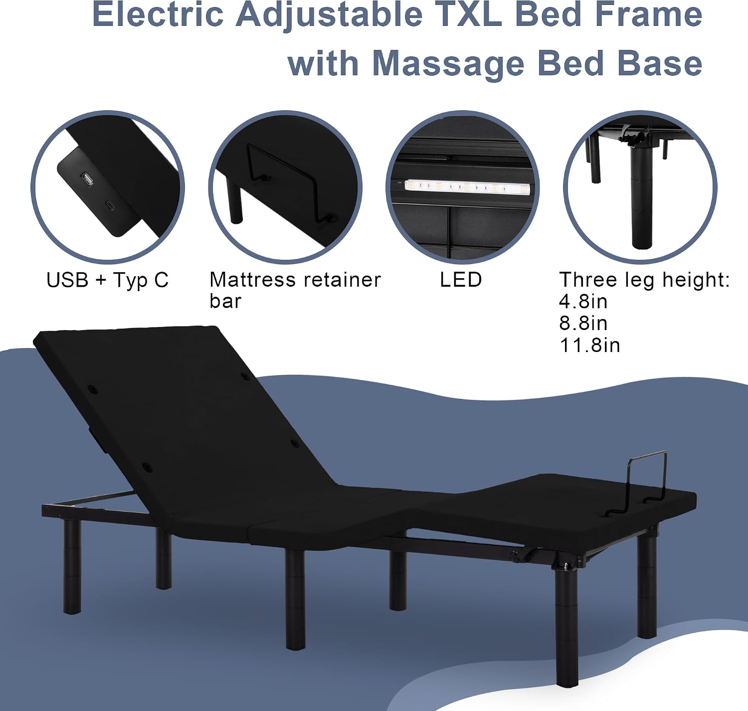 Fromann Adjustable Electric Twin XL Bed Base Frame with Massage, USB Type-C Ports, Zero Gravity, Under Bed Led Lighting and Three Leg Height (Black)