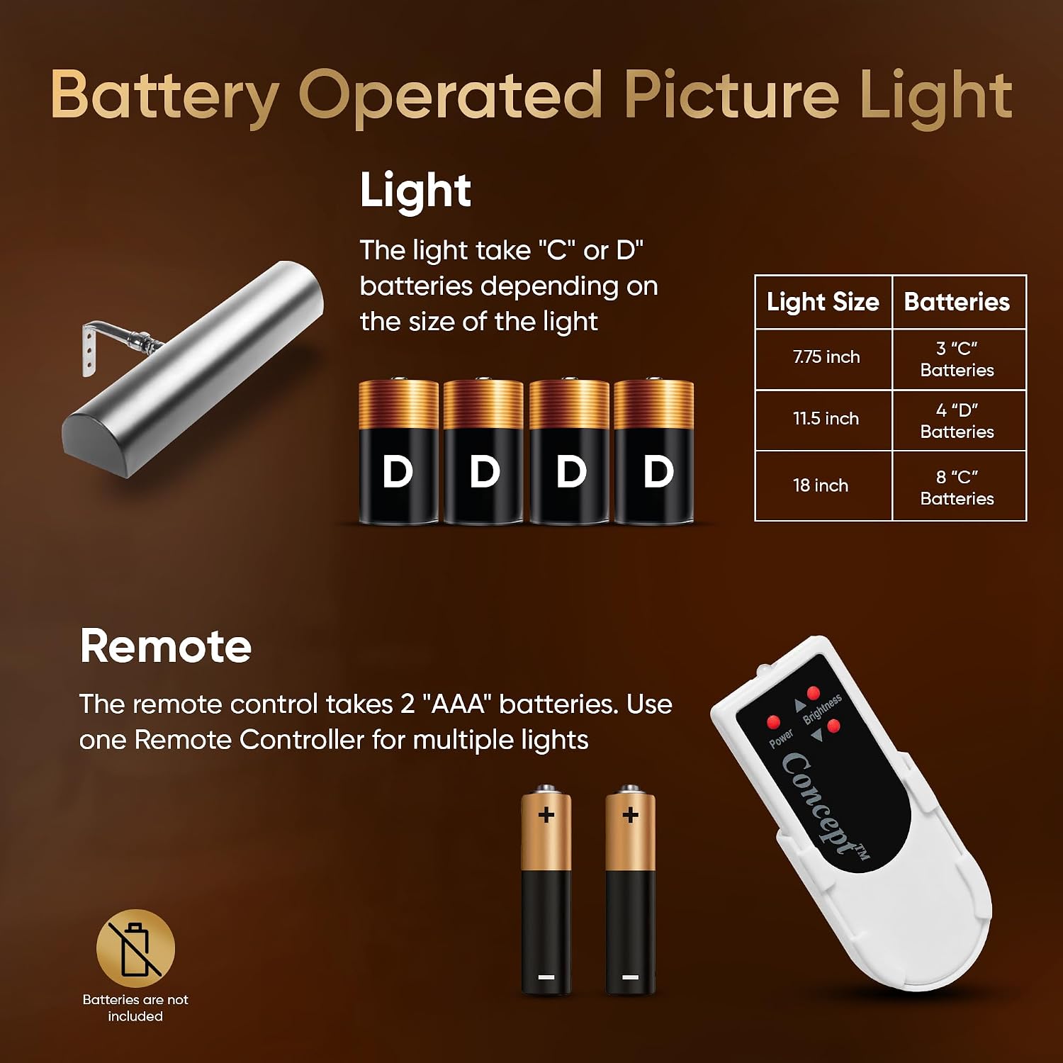 Concept Lighting 102L Cordless Remote Control LED Picture Light- 11 1/2 inch Antique Brass With Silver Undertones