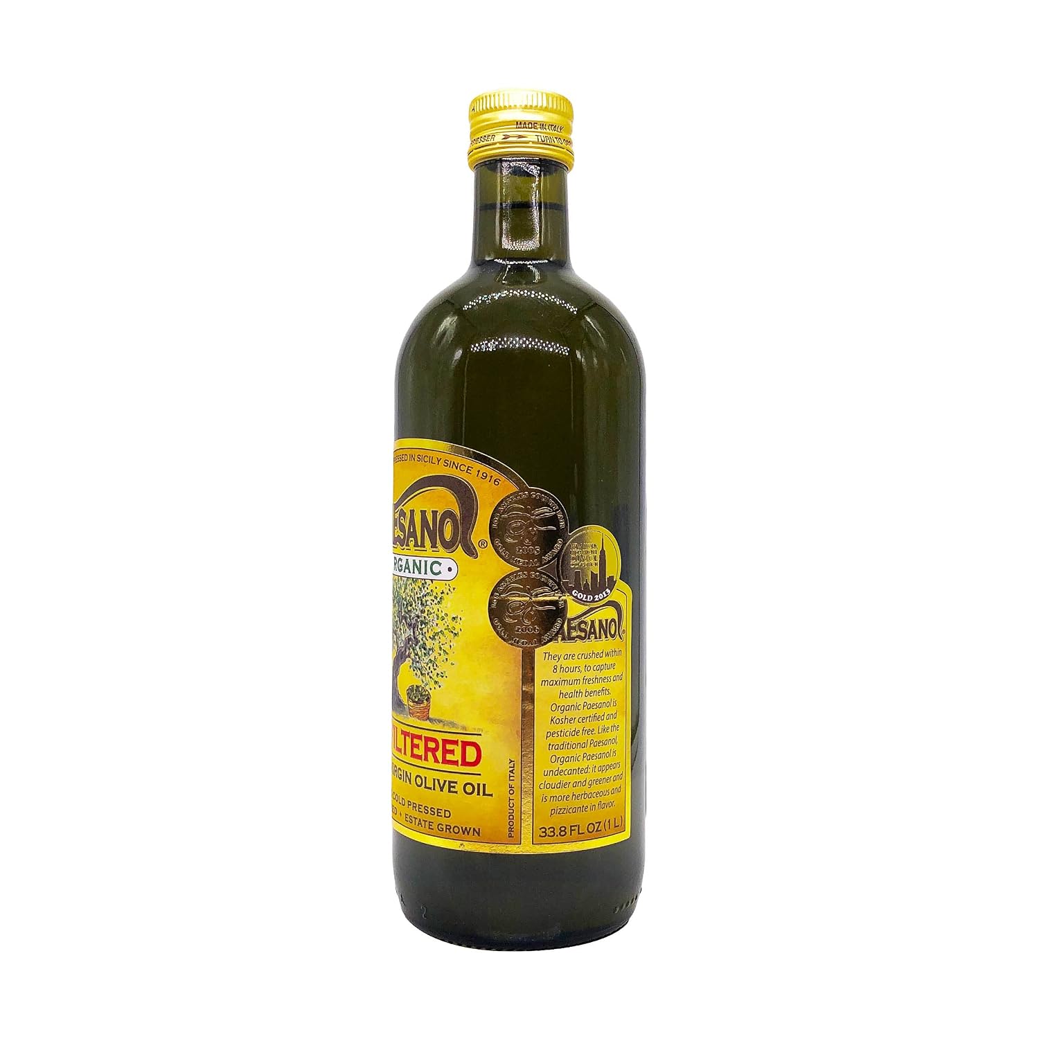 Paesanol Organic Extra Virgin Olive Oil, Unfiltered, 33.8 Fl Oz (1L) | High Polyphenol, Premium First Cold Pressed, Hand Picked, Early Harvest in Sicily, Award Winning Italian EVOO
