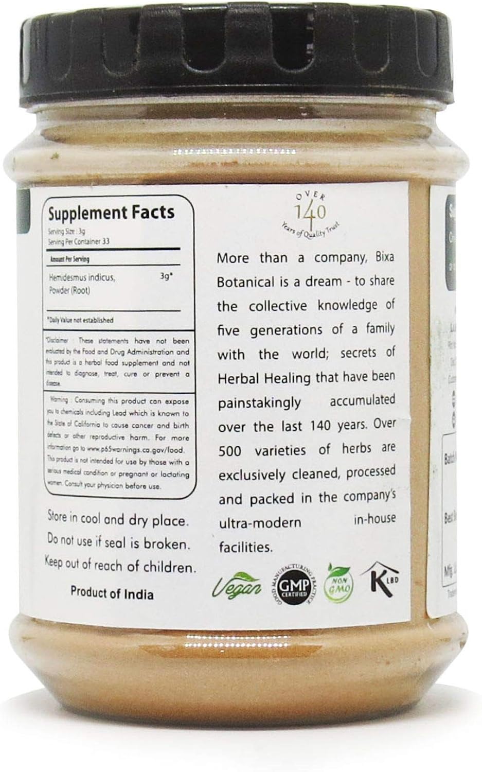 bixa BOTANICAL | Sarsaparilla Root Powder | Hemidesmus Indicus | Ayurvedic Herb | Cooling Balance and Daily Wellness Support | Vegan | Non GMO | Gluten Free | Clean Label | 3.5 oz 100 g