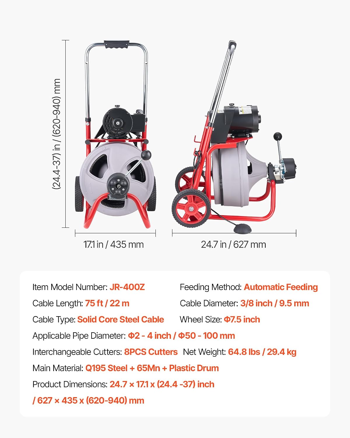 VEVOR Drain Cleaner Machine 100 FT x 1/2 Inch, Auto Feed Sewer Snake Drain Auger on Wheels, Portable Drain Cleaning Machine with 8 Cutters & Air-Activated Foot Switch for 2" to 6" Pipes