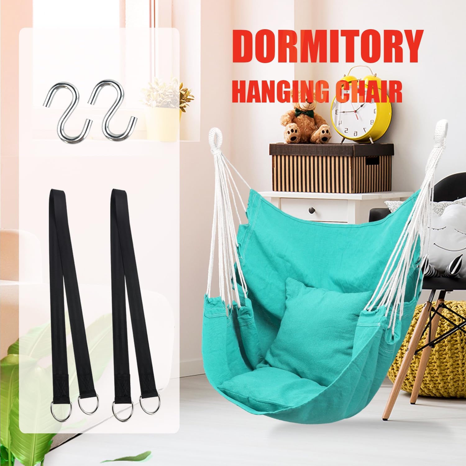 Hommtina Hammock Chair Hanging Rope Swing, Max 300 Lbs Hanging Chair with Pocket & Durability Perfect for Outdoor, Home, Bedroom, Patio