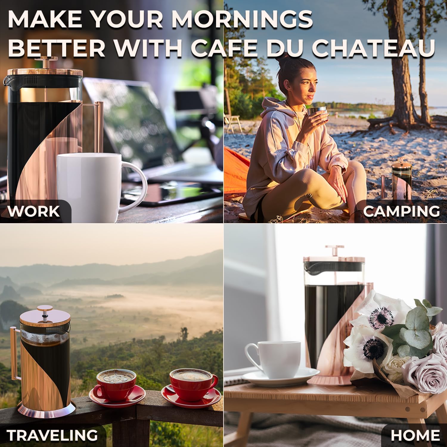 Cafe Du Chateau French Press Coffee Maker, 34 oz Glass, Stainless Steel | Easy Brew, Durable Clear Glass, 4-level Filtration, 34 oz Capacity, Coffee Press for Camping, Tea Brewer, BPA-Free Materials