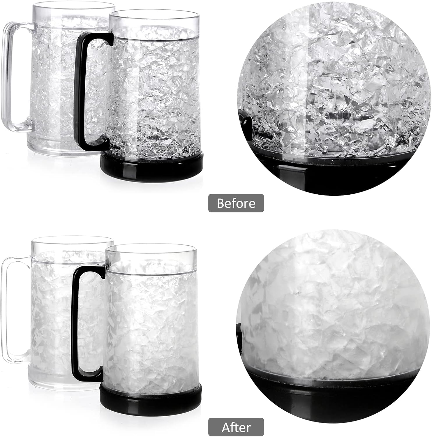 Double Wall Gel Frosty Freezer Ice Mugs Clear 16oz Set of 4 (Blue, Red, Orange and Green)