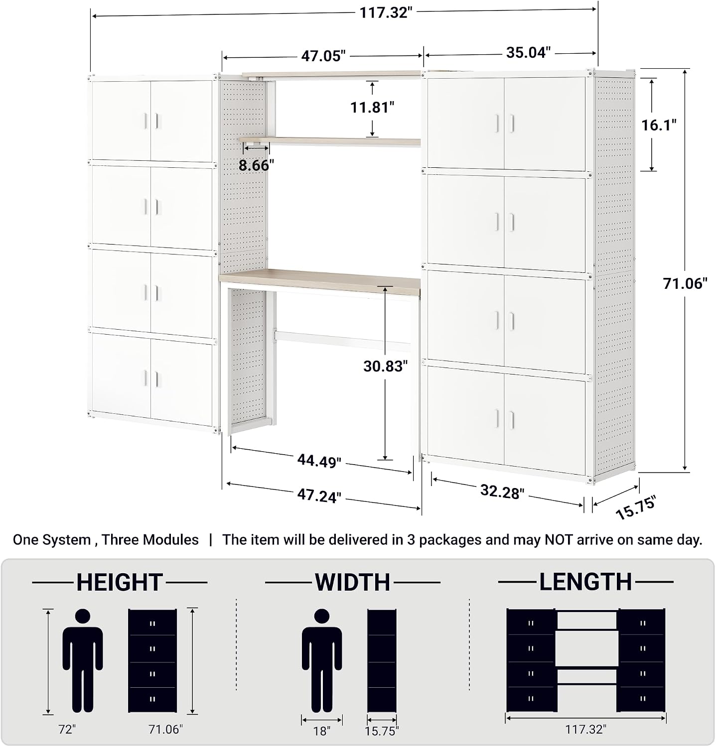 FLEXIMOUNTS 117"W Modular Garage Storage Cabinet with Workbench, Black | 6 Doors, 3700lbs capacity, Metal board shelf includes pegboard, 3-in-1 metal tool cabinet, 24-gauge steel, FLEXIMOD Series