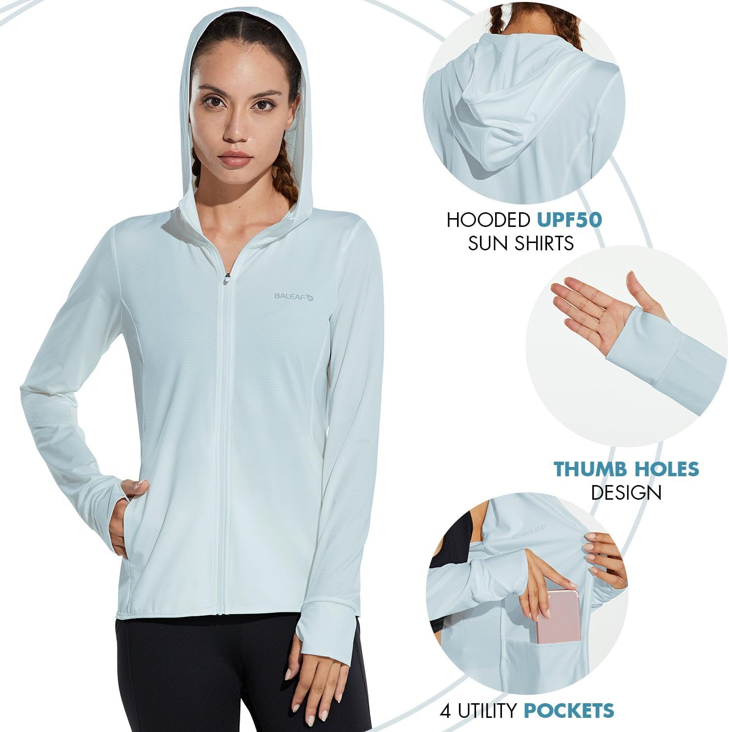 baleaf Women's Sun Protection Hoodie Jacket UPF 50+ Full Zip with Pocket