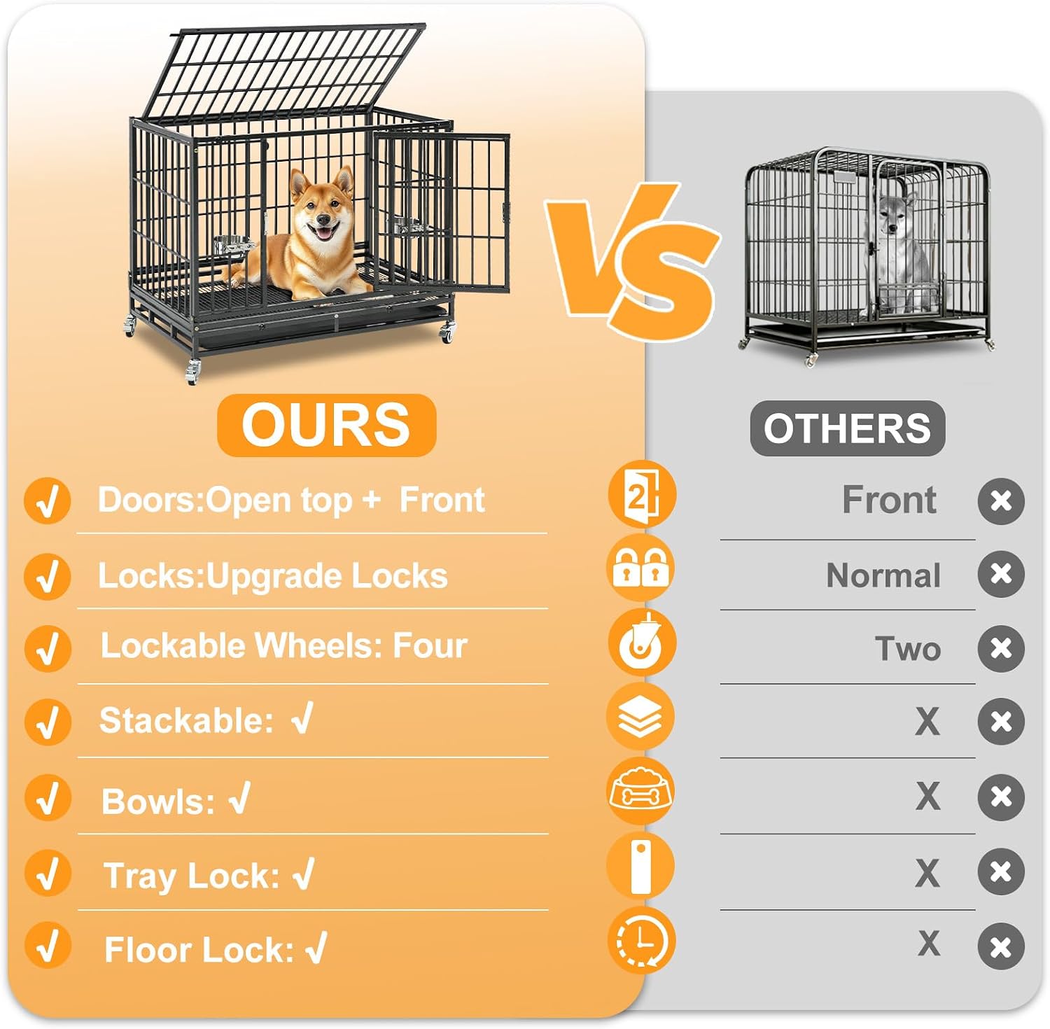 Homey Pet Three Tiers 43 inch Heavy Duty Dog Crate with Wheels, Dual Doors | Stackable Indestructible Steel Dog Cage Kennel Indoor with Divider, Trays, Bowls, Escape Proof Locks for Breeders and More