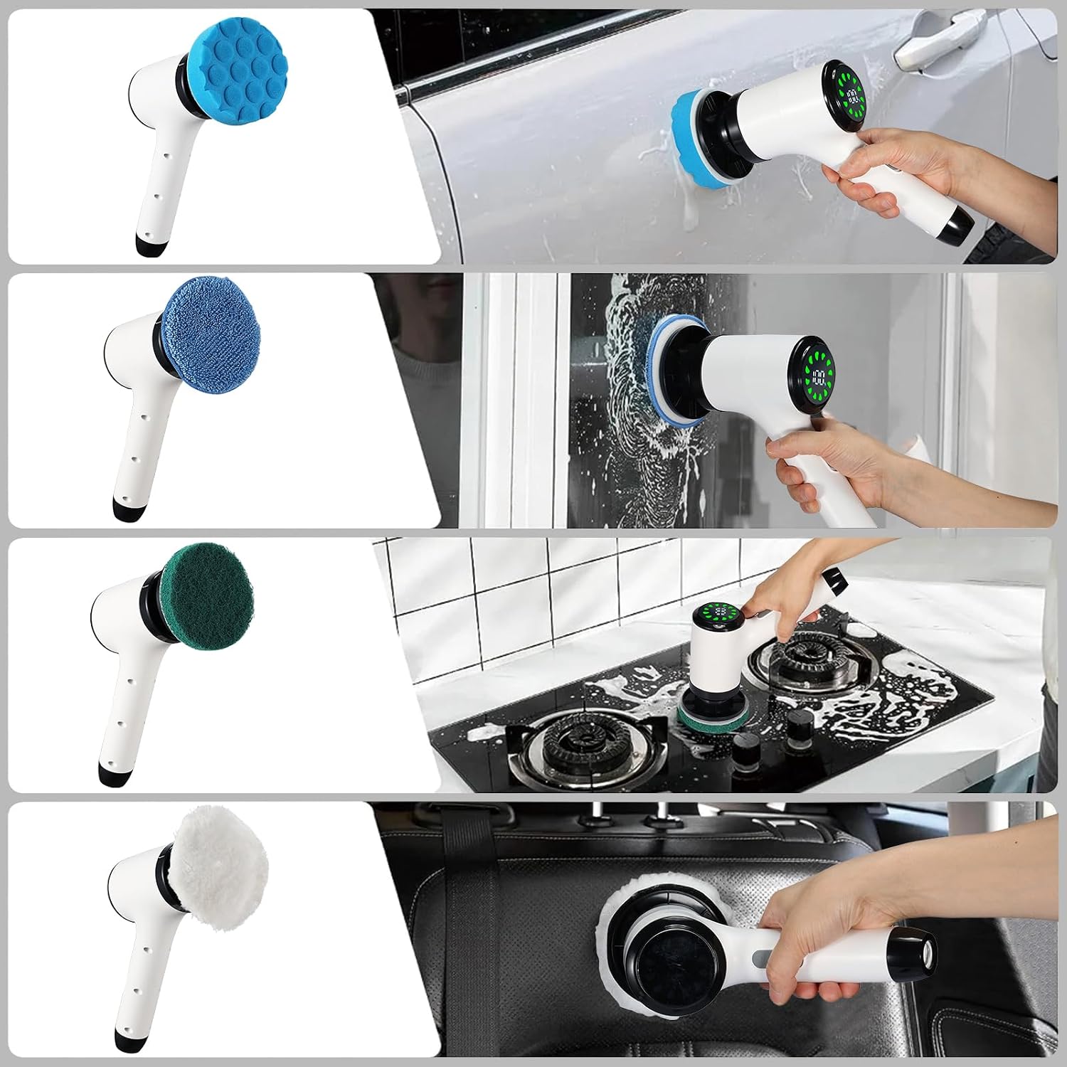 Electric Spin Scrubber, Cordless Power Cleaning Brush with 8 Replaceable Heads, 2 Adjustable Speeds, LED Display & Long Handle