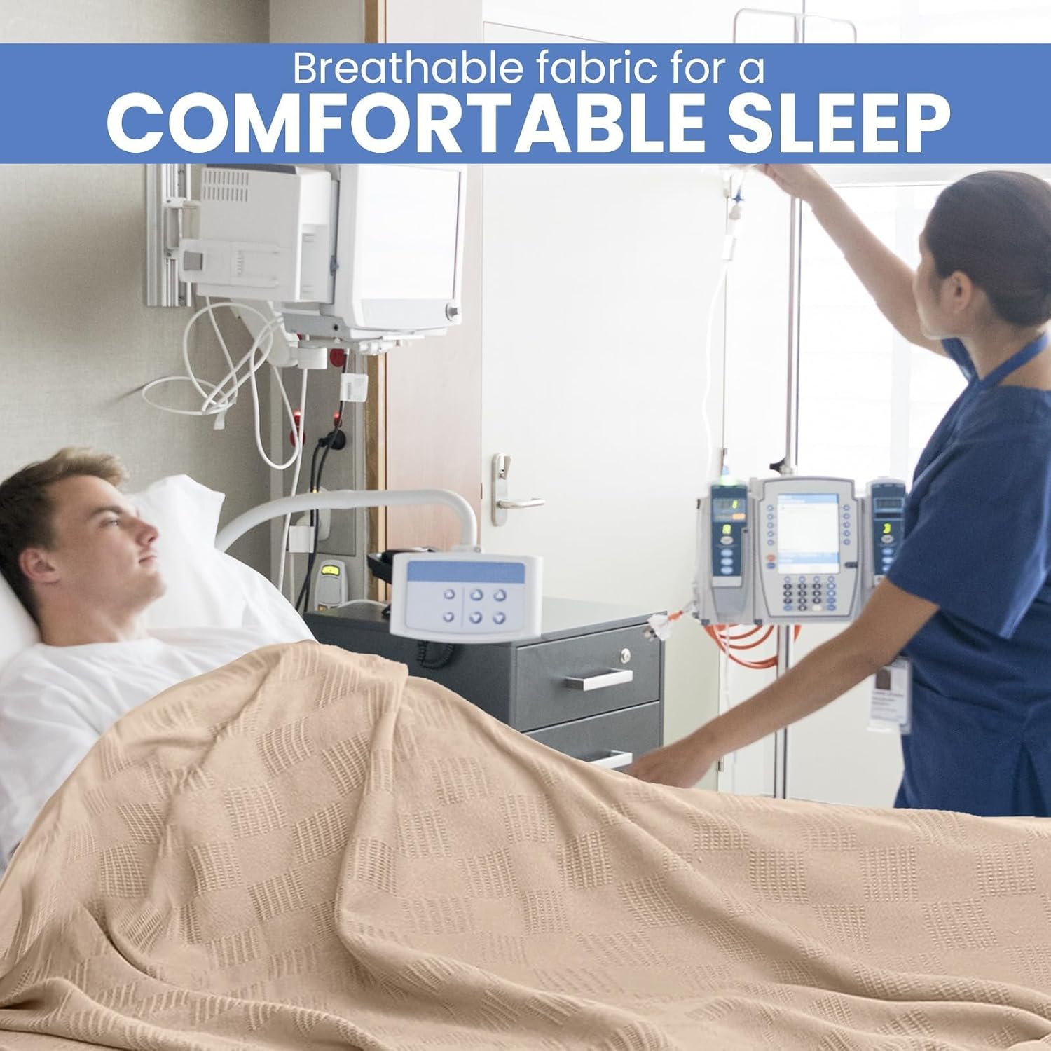 Linteum Textile Hospital Thermal SNAGLESS Spread Blanket, 100% Cotton (74x100 in, Blue)