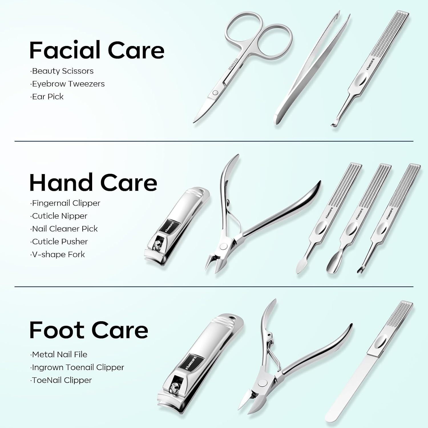 FAMILIFE Stainless Steel Manicure Set 11-in-1 Professional Nail Clipper Kit