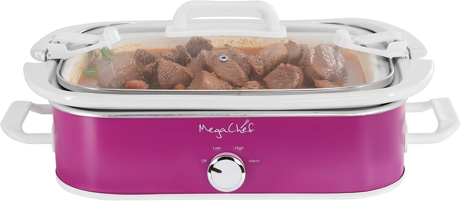 MegaChef 3.5 Quart Rectangle Casserole Slow Cooker with 3 Temperature Settings, Carry Handles and Locking Tempered Glass Lid (Cream)