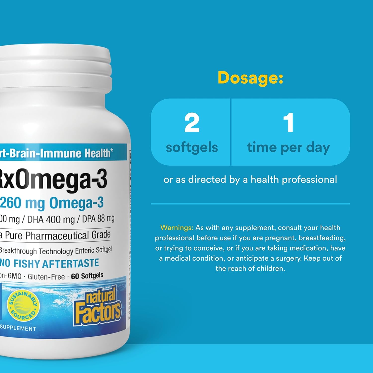 Natural Factors, RxOmega-3 Fish Oil, Pharmaceutical Grade, 1260 mg Omega-3 Per Serving, No Fishy Aftertaste, 240 Count (Pack of 1)