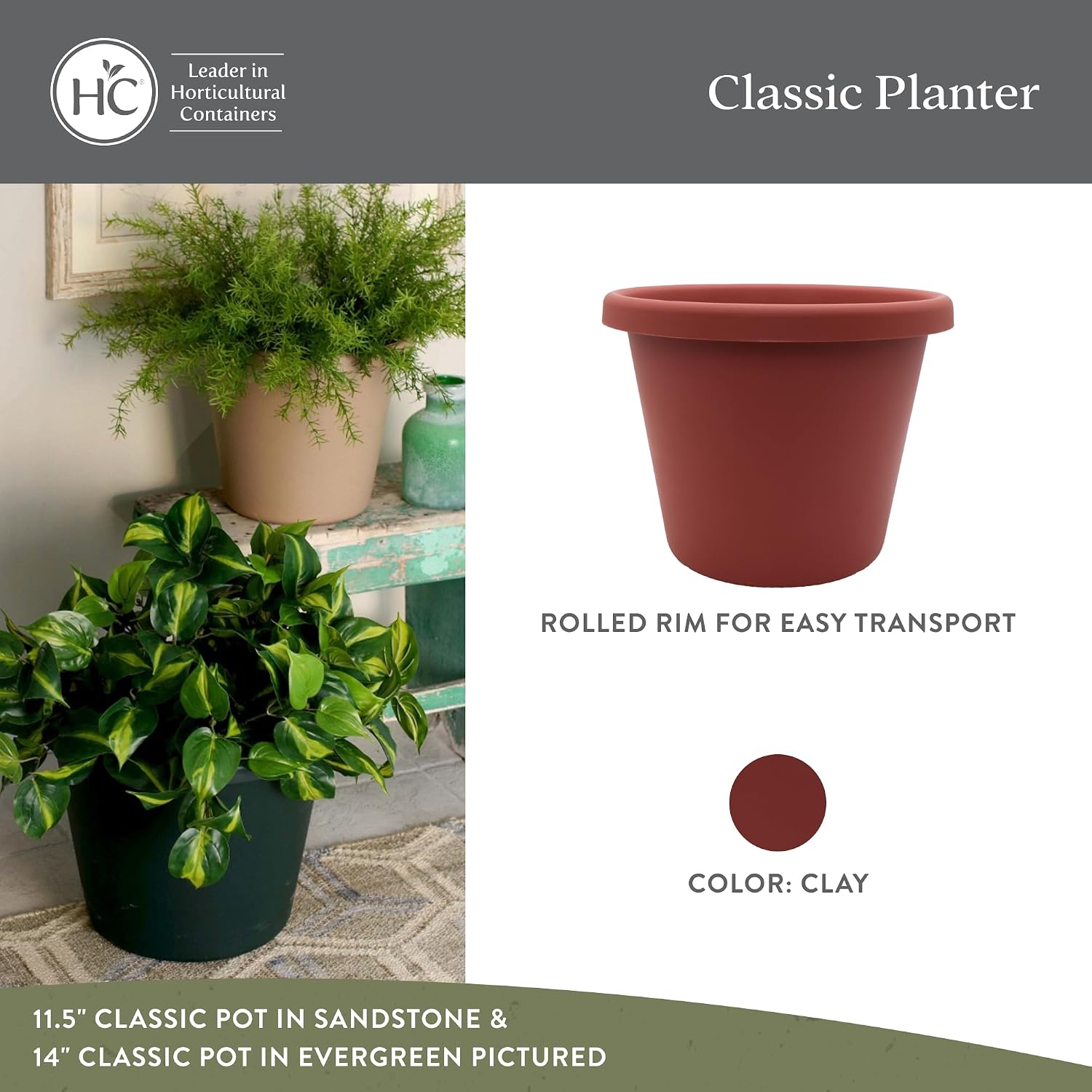 The HC Companies Classic Round Plastic Plant Pot w/Rolled Rim - Lightweight & UV Resistant Flower Pot for Herbs & More - Outdoor & Indoor Plant Pots w/Drainage (15.5 inch Warm Gray, Pack of 1)