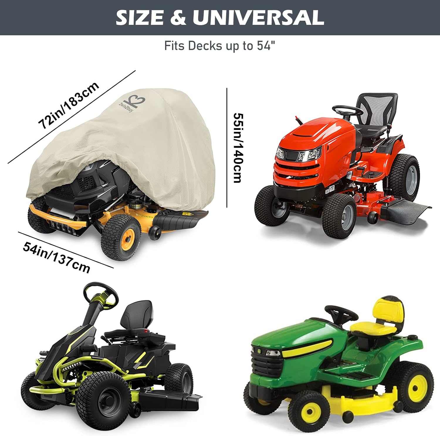 Riding Lawn Mower Cover 600D Lawnmower Covers Waterproof, up to 54" Decks | Universal Outdoor Lawn Tractor Cover Tarp All Weather Ride on Mower Covers, Heavy Duty 600D, Elastic Cord & Storage Bag
