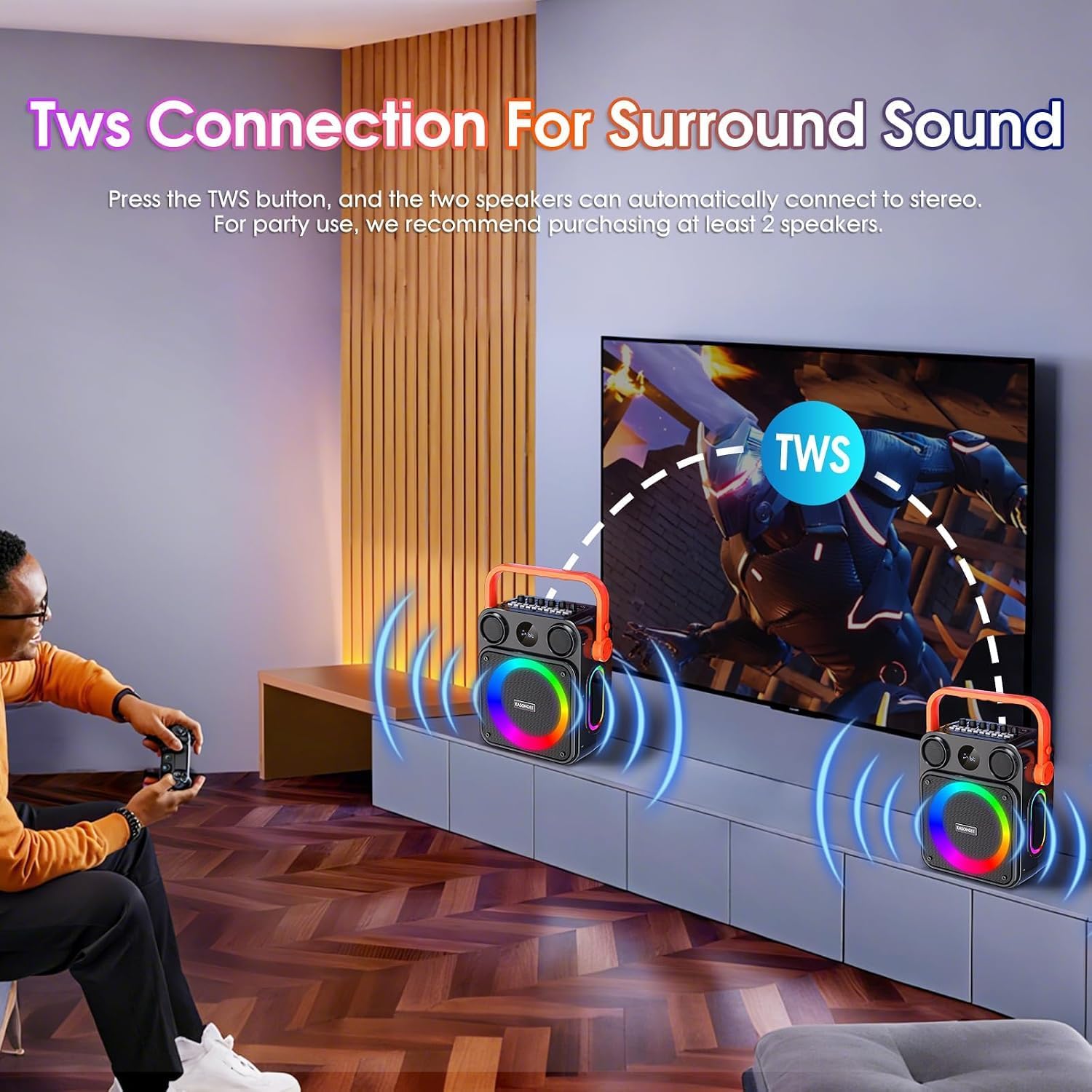Karaoke Machine with 2 Wireless Microphones for Adults & Kids, 8000mAh Portable Bluetooth Speaker PA System with Lights, Supports AUX in/TF Card/FM/REC, Microphone Speaker Set for Home Party, Outdoor