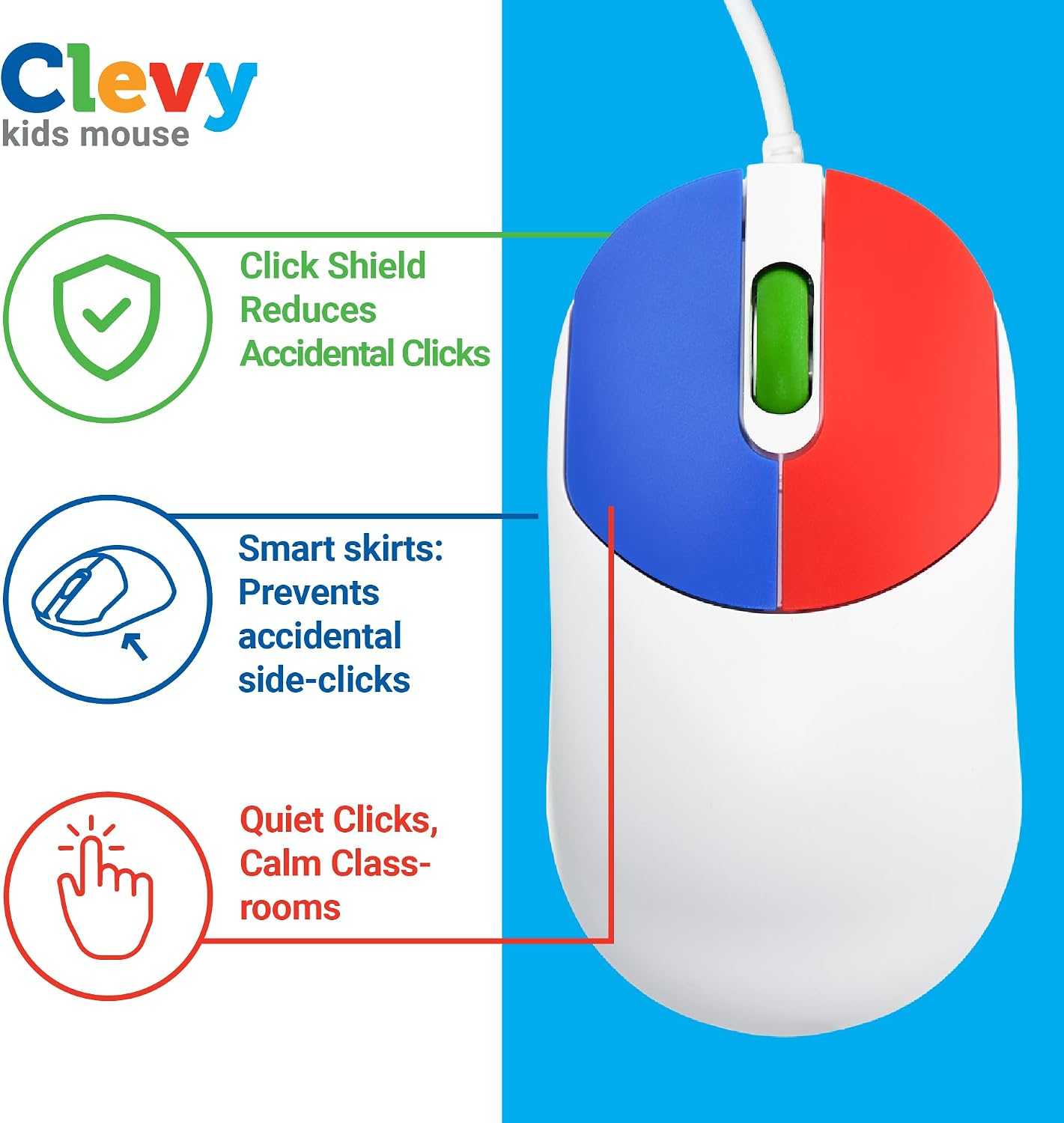 Clevy Kids Mouse - Colorful Ergonomic USB Computer and Laptop Kids Mouse for School and Home Computer Use - Wired Children Friendly - Compatible with Windows, macOS, Chromebook