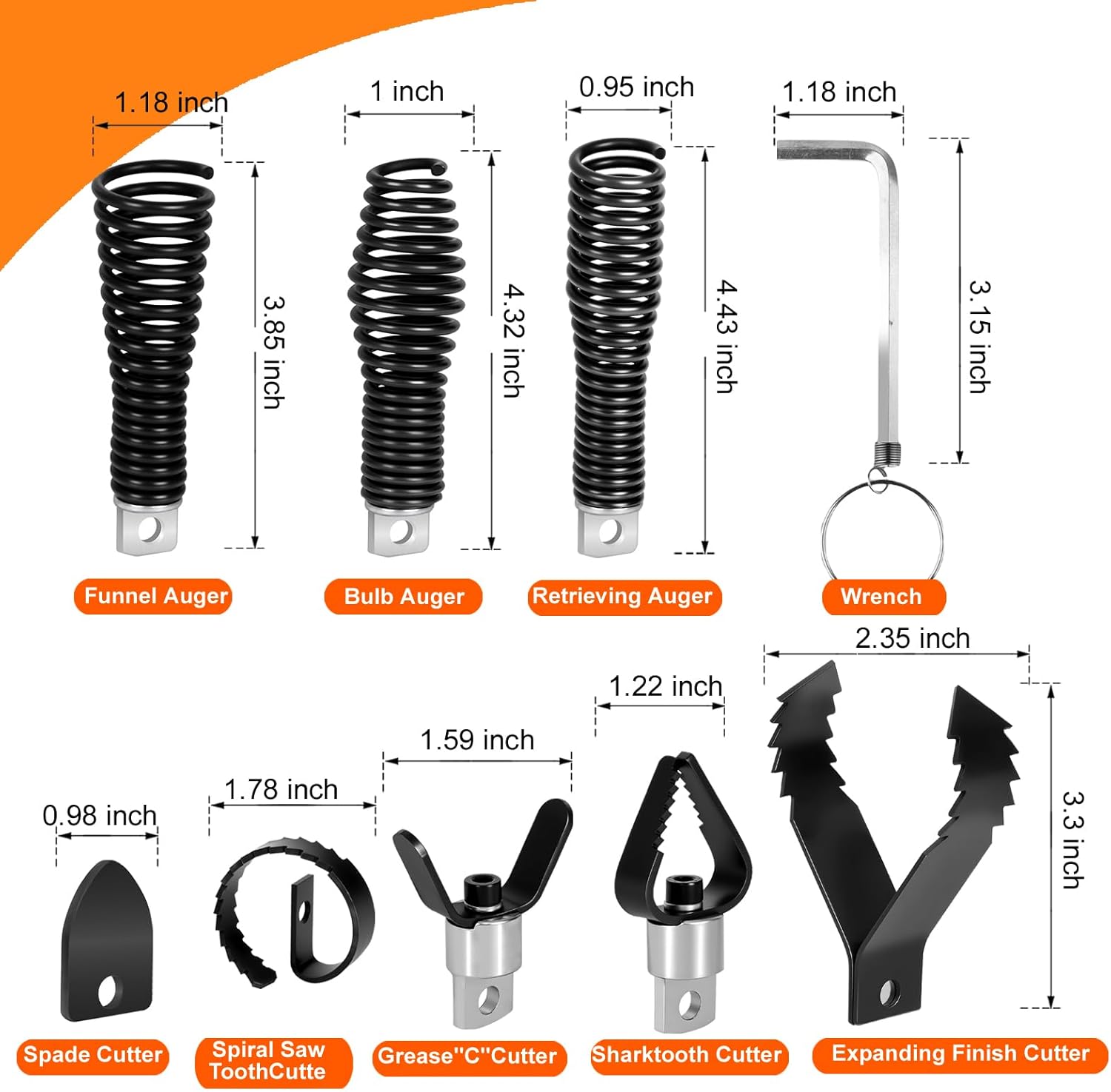 8-Piece Drain Snake Drill Attachment, Cutter and Auger Set, Compatible with 50FT-100FT Drain Cleaning Machines