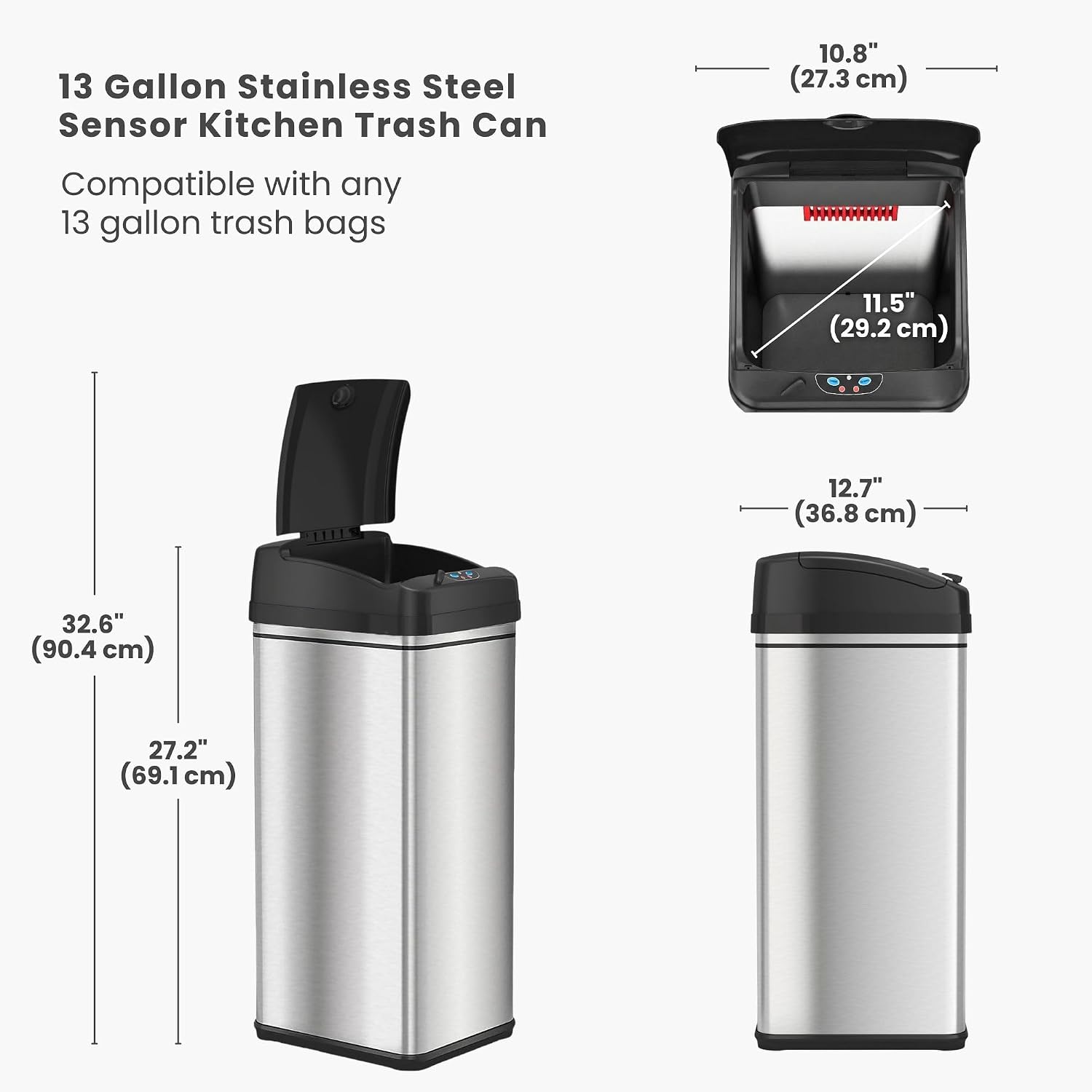 iTouchless Glide 13 Gallon Sensor Garbage Can with Wheels and Odor Control System, Stainless Steel, Automatic Kitchen Bin and Office Trash Bin (Powered by Battery or Optional AC Adapter)