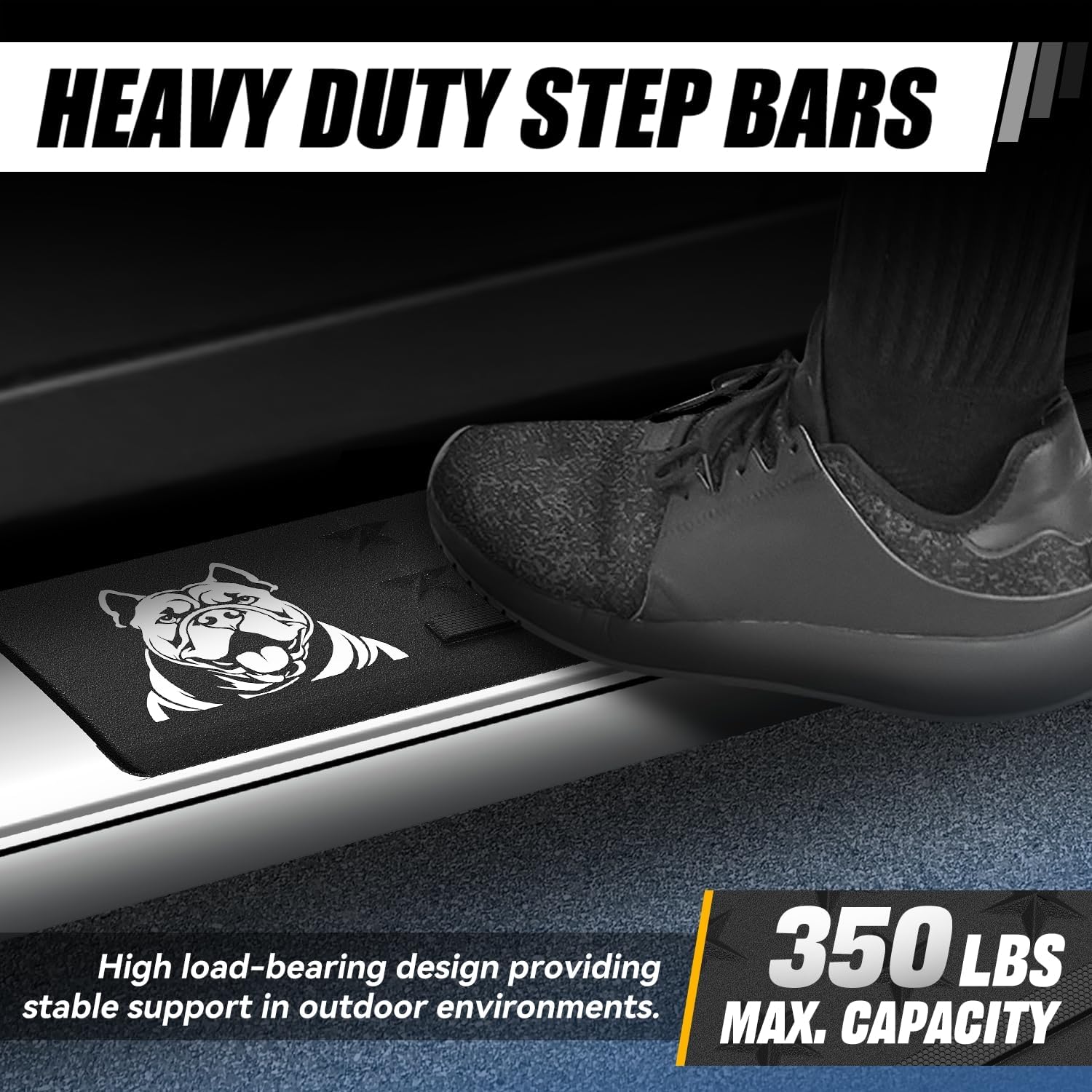 Auto Dynasty Running Board for 2009-2023 Ram 1500-3500 Classic Crew Cab 4DR | 6.75" Stainless Steel Bull Dog Pattern Step Pads