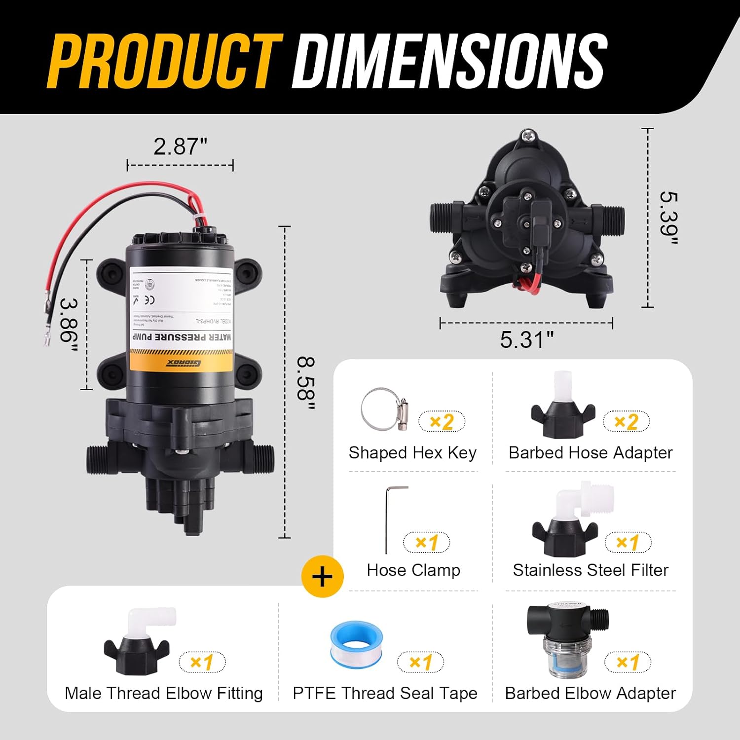12V RV Water Pump, 5.0 GPM 55 PSI Diaphragm Pump, 20Volt Quiet Fresh Water Pump with Pressure Switch, Self Priming Pressure Pumps for RV Camper Boat Marine Food Truck, Dark Grey