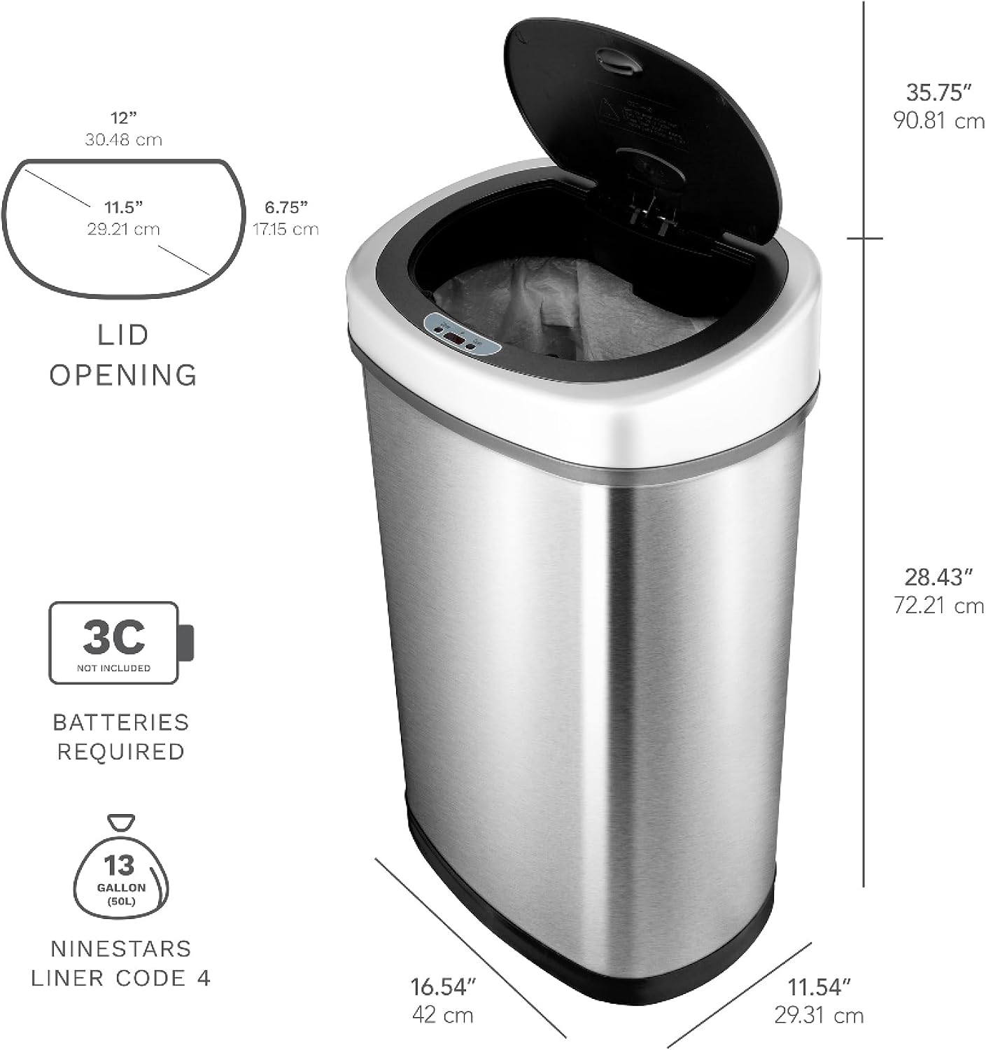 NINESTARS CB-DZT-50-98-1C Automatic Touchless Motion Sensor Oval & Rectangular Trash Can Combo Set, 13.2 Gal. 50 L. & 2.1 Gal.8 L., Stainless Steel