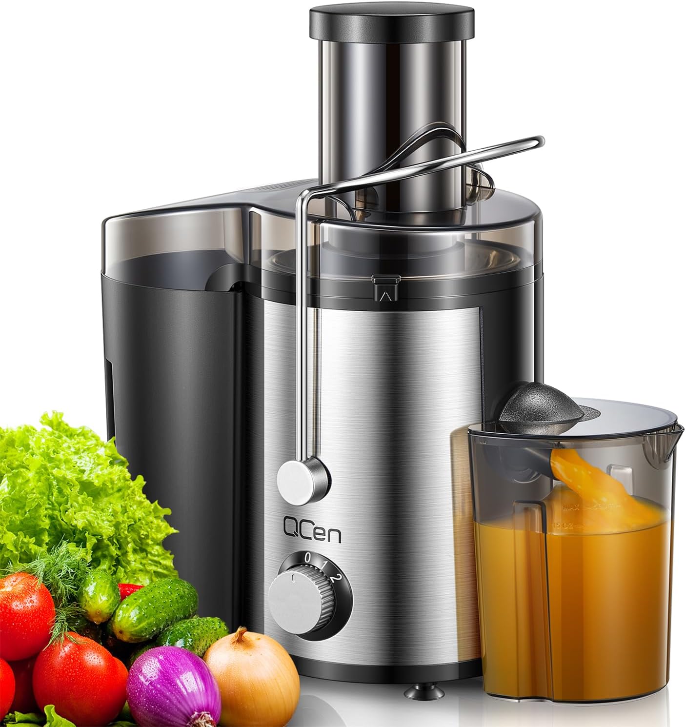 QCen Juicer Machine 500W Centrifugal Juicer with Extra Wide Feed Chute