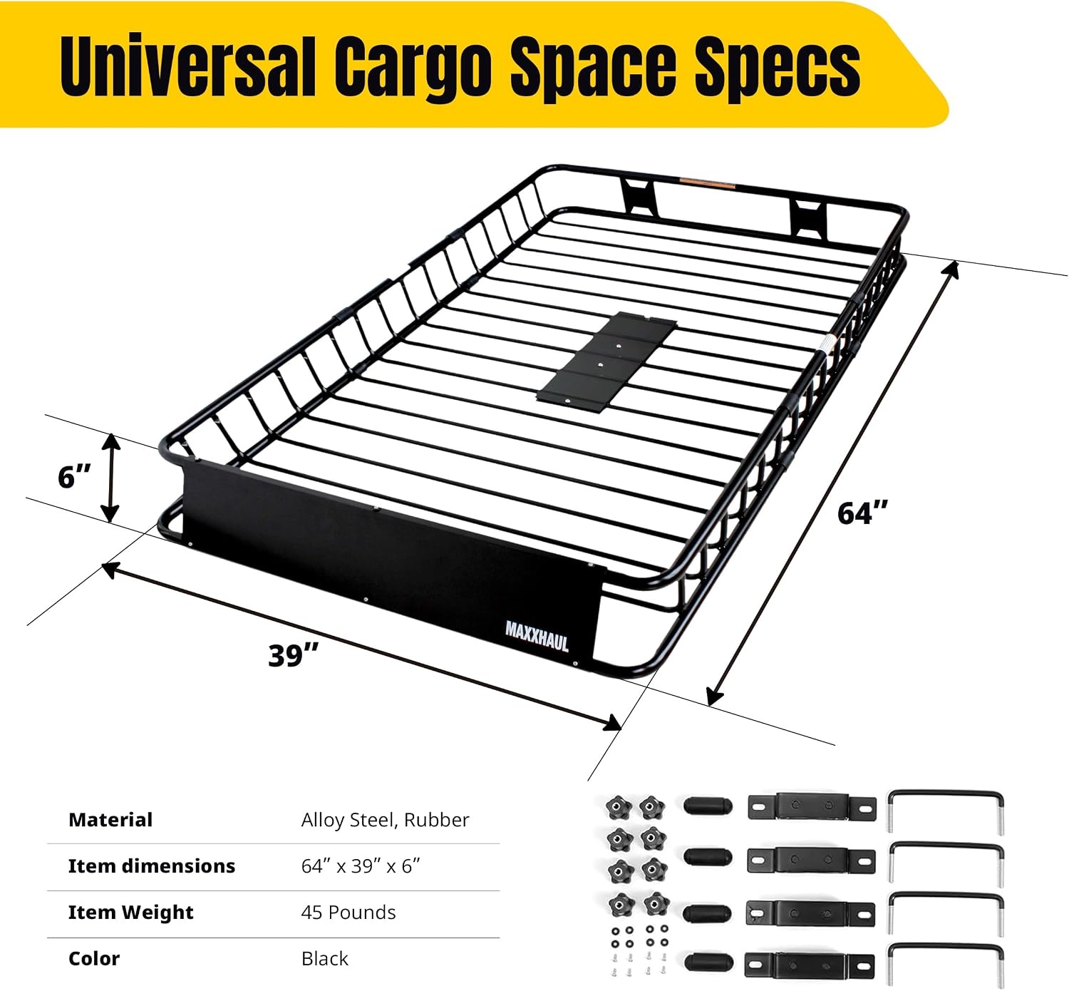 MaxxHaul Steel Roof Rack Cargo Basket, 46" x 36" x 4.5" Roof Top Carrier, Universal Fit for Cars, SUVs, Vans, and RVs, 150 lb Capacity, Weather-Resistant Easy-Install Cargo Storage (70115)