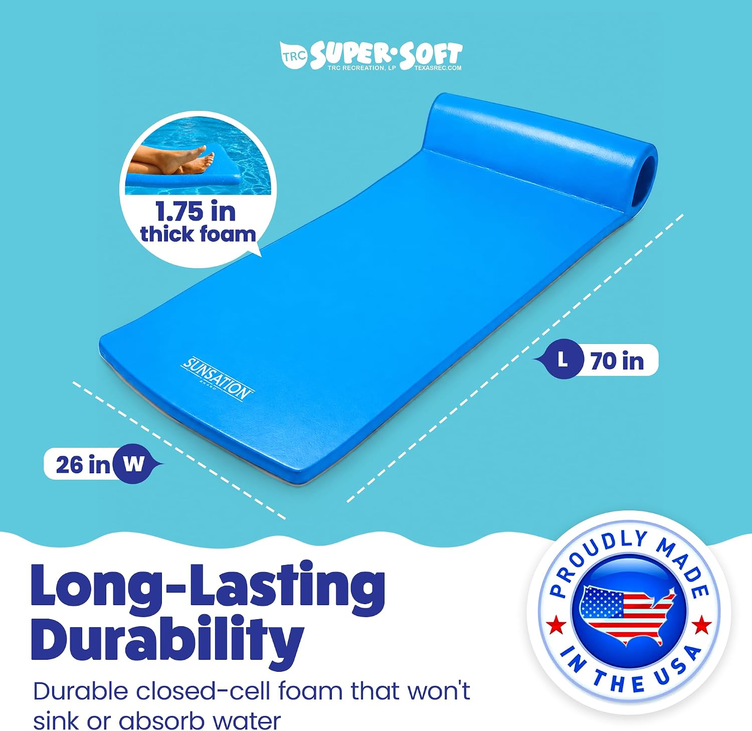 TRC Recreation Sunsation 1.75" Thick Foam Pool Float Lounger w/ Headrest for Lounging & Sunbathing in Swimming Pools, Beaches & Lakes, 70" x 26