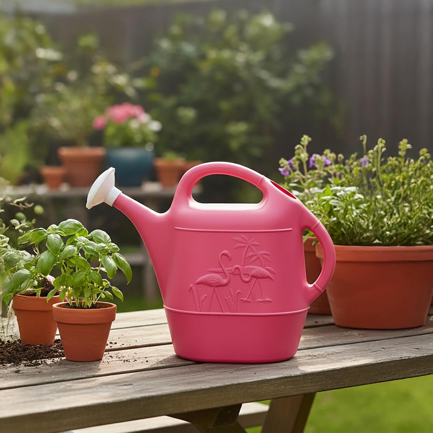 Union Products 63066 2 Gallon Plastic Indoor/Outdoor Watering Can w/Tulip Design for Garden, Potted Plants, & Patio Pots, Caribbean Blue