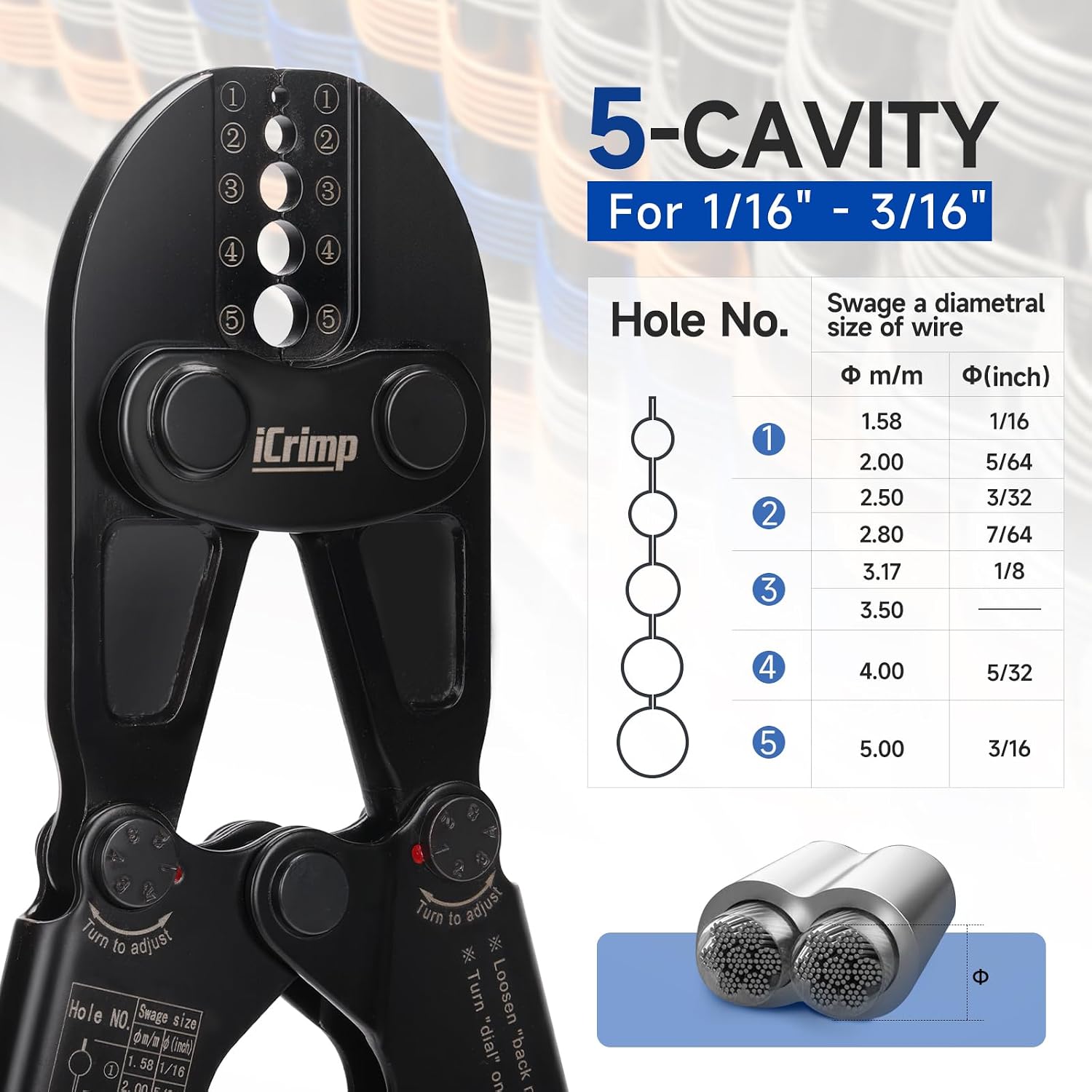iCrimp IWS-1608M4 Wire Rope Crimper 3/64" to 1/8" 4 Dies | High carbon steel swaging tool for aluminum oval, double-barrel & annealed copper sleeves; ideal for railing, cable & fishing