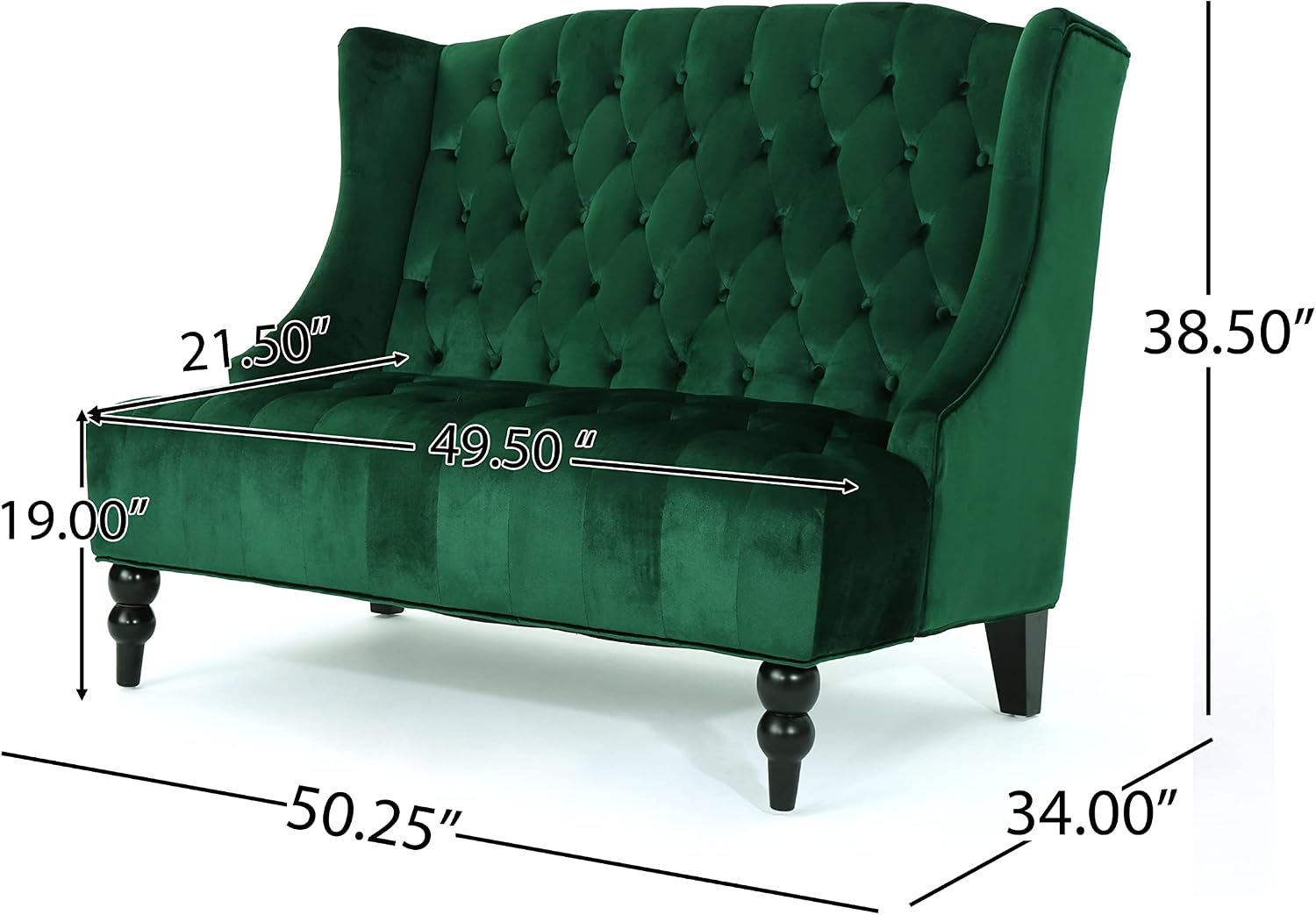 Christopher Knight Home Leora Modern Glam Tufted Velvet Wingback Loveseat, Emerald / Dark Brown