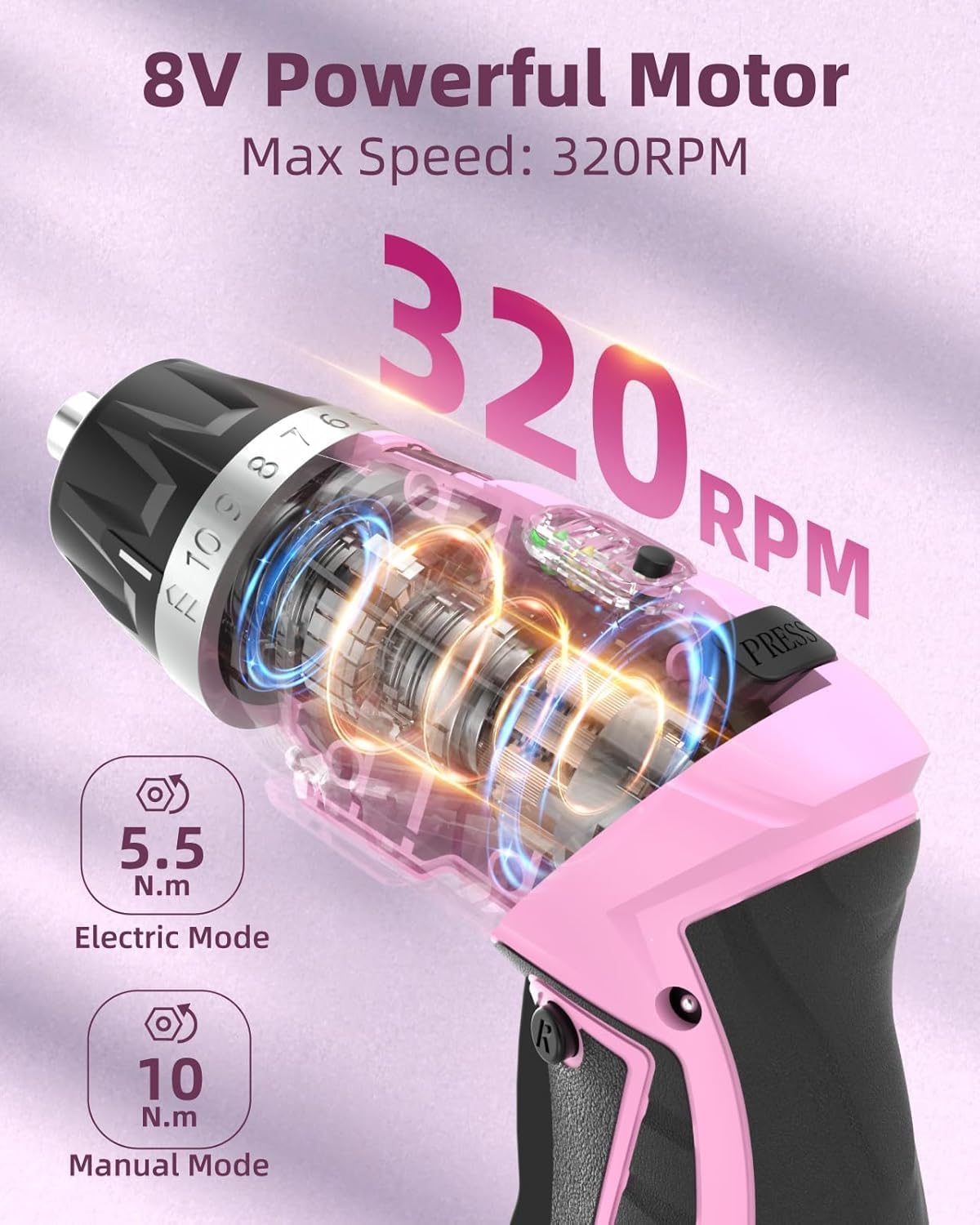Cordless Electric Screwdriver Set, 8V 10Nm Rechargeable Power Electric Drill, Battery Screw Gun with Driver Bit, 320RPM/10+1 Torque, 2 Position Handle, Flexible Shaft LED Light (Red, 28Pcs)