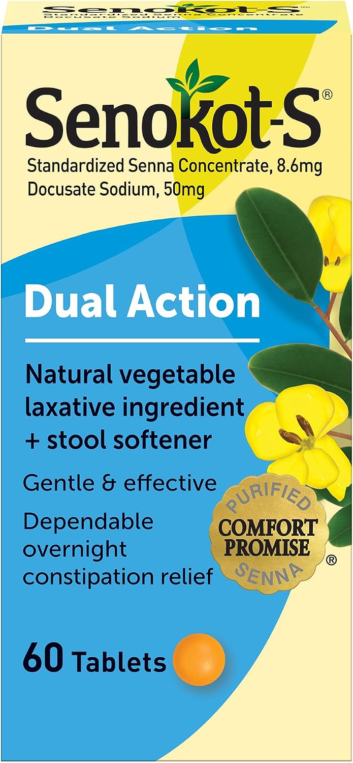 Senokot-S Dual Action 60 Tablets, Natural Vegetable Laxative Ingredient Plus Stool Softener Tablets, Gentle Dependable Overnight Relief of Occasional constipation White