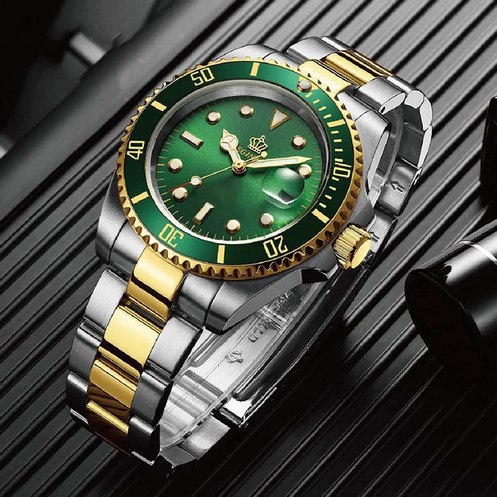 FANMIS Men's Two-Tone Stainless Steel Quartz Watch, Rotating Bezel and Date | Green Dial, Luminous Hands and Markers, Magnified Date Window, Fold-Over Safety Clasp, 30M Water Resistant for Everyday Wear.