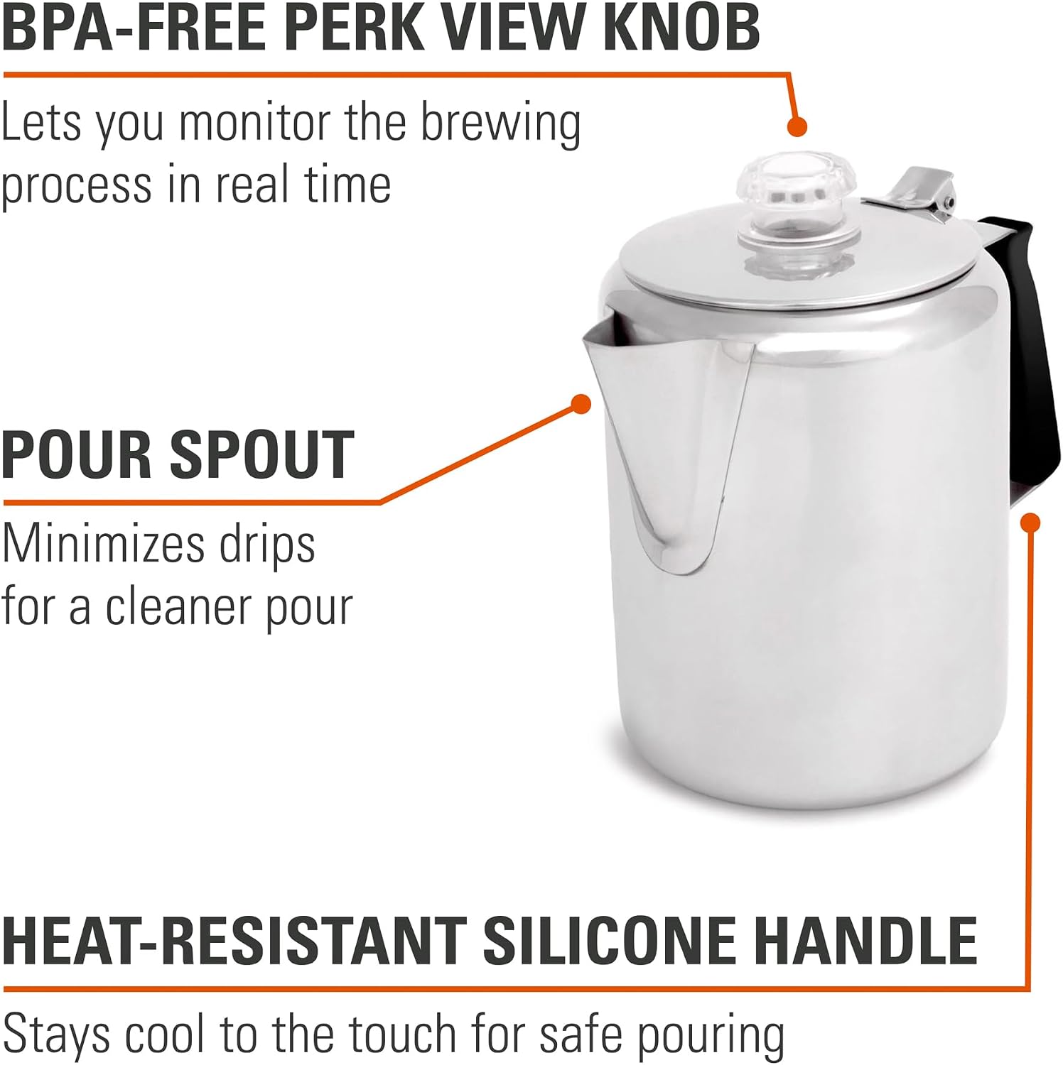 GSI Outdoors Percolator Coffee Pot I Glacier Stainless Steel with Silicone Handle for Camping, Backpacking, Travel, RV & Hunting - Stove Safe