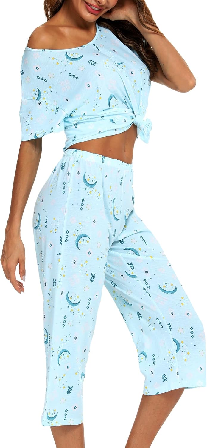 ENJOYNIGHT Womens Pajama Set Cotton Summer Pj Top with Capri Pant Sleepwear