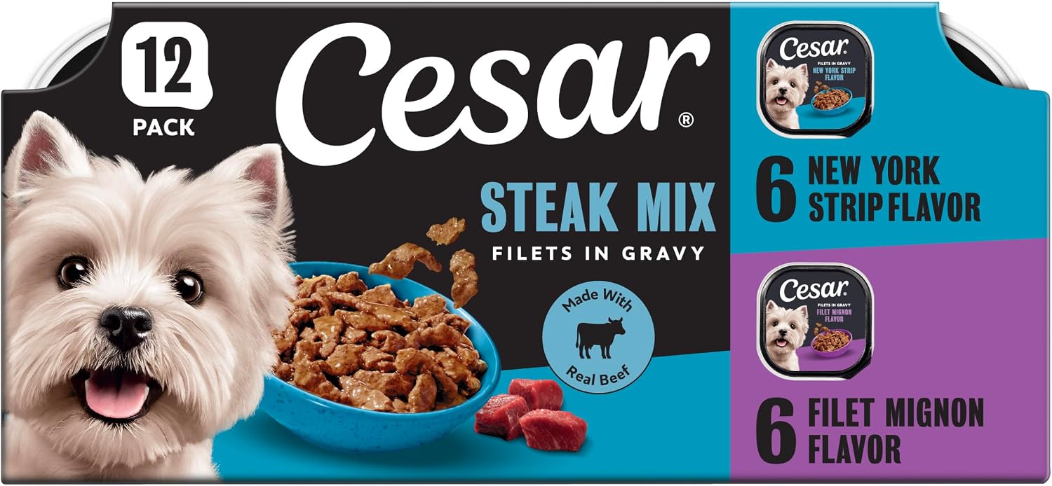Cesar Filets in Gravy Wet Dog Food, Steak Mix Variety, 3.5 oz, 24 Count | Filet Mignon, New York Strip & Prime Rib, real meat, slow-cooked, no fillers/added sugar/artificial flavors, easy peel trays
