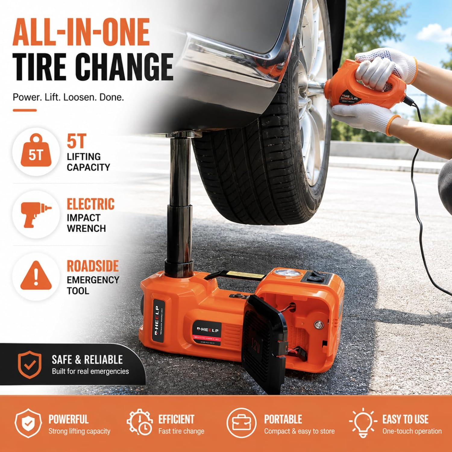 E-HEELP Electric Car Jack Kit 5 Ton 12V with Impact Wrench, 6.1-17.7 in