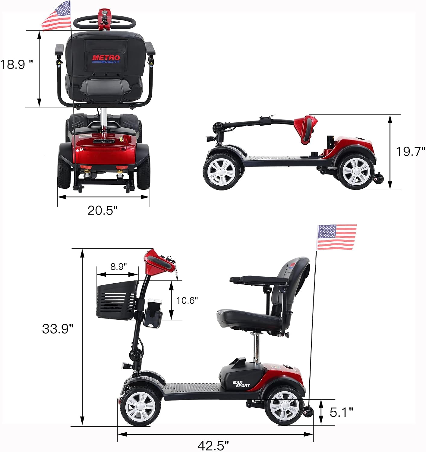 Metro Mobility 4 Wheel Powered Mobility Scooter for Seniors - 300 lbs Capacity Electric Mobility Scooter for Adults - Long Range Power Extended