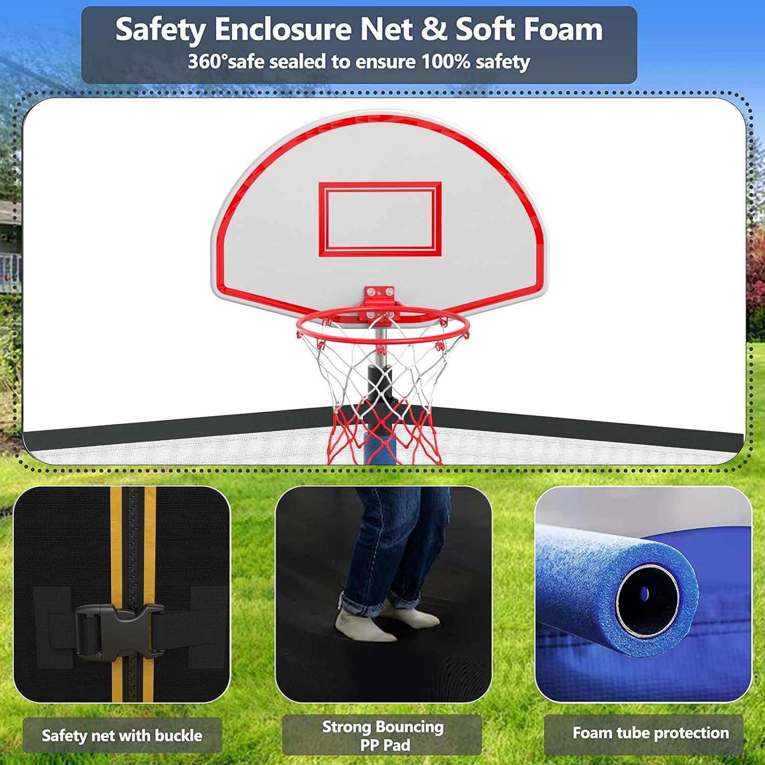 10 12 14 16FT Trampoline Outdoor, Light/Sprinkler/Basketball Hoop | Large Recreational Trampoline for Kids and Adults, Heavy Duty Yard Trampolines with Enclosure Net, ASTM Approval