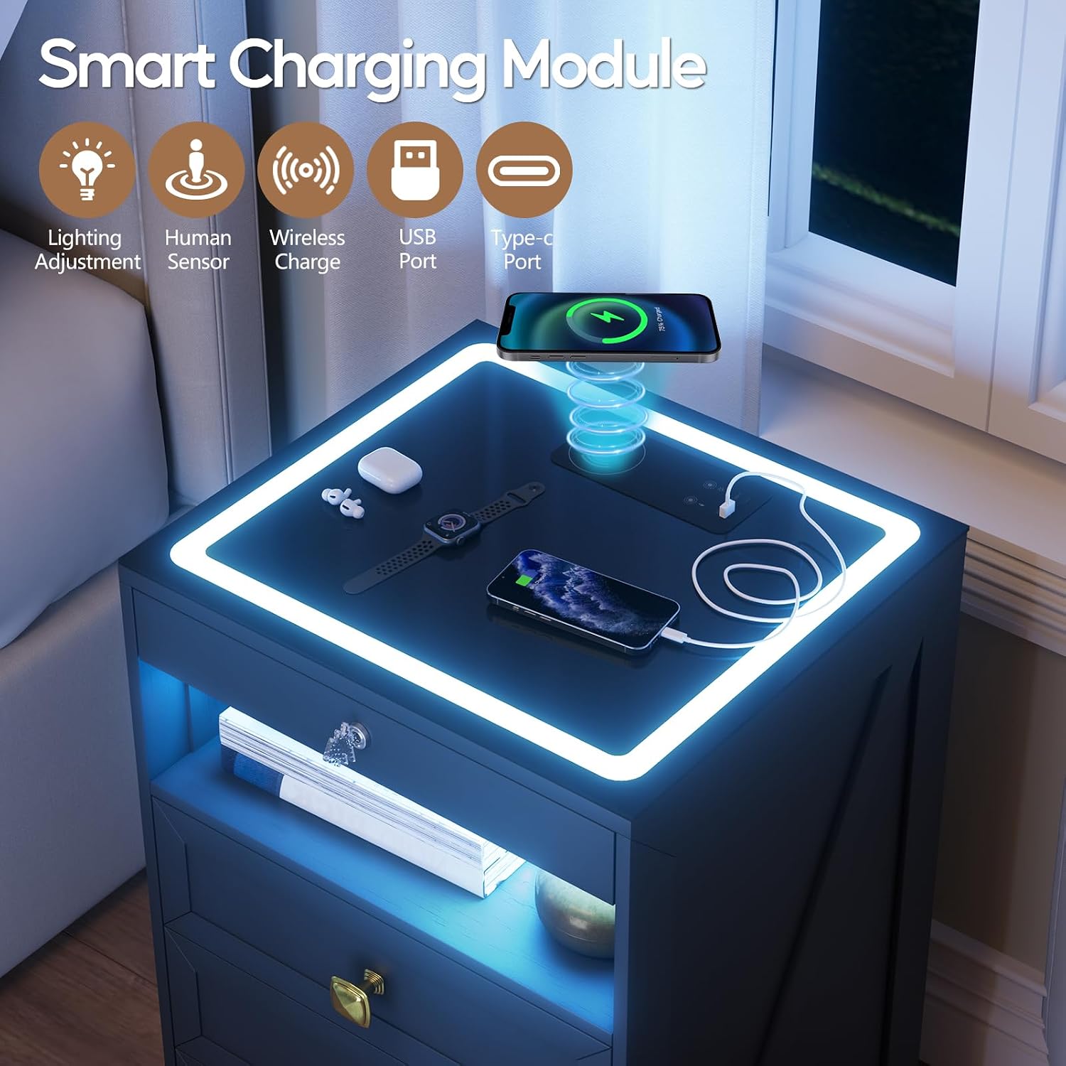 Smart LED Nightstand with Lockable Gun Drawer & Glass Top（Black） | Modern Bedside Table with Charging Station and Hidden Storage, LED Night Stand with 4 Drawers & Motion Sensor for Bedroom
