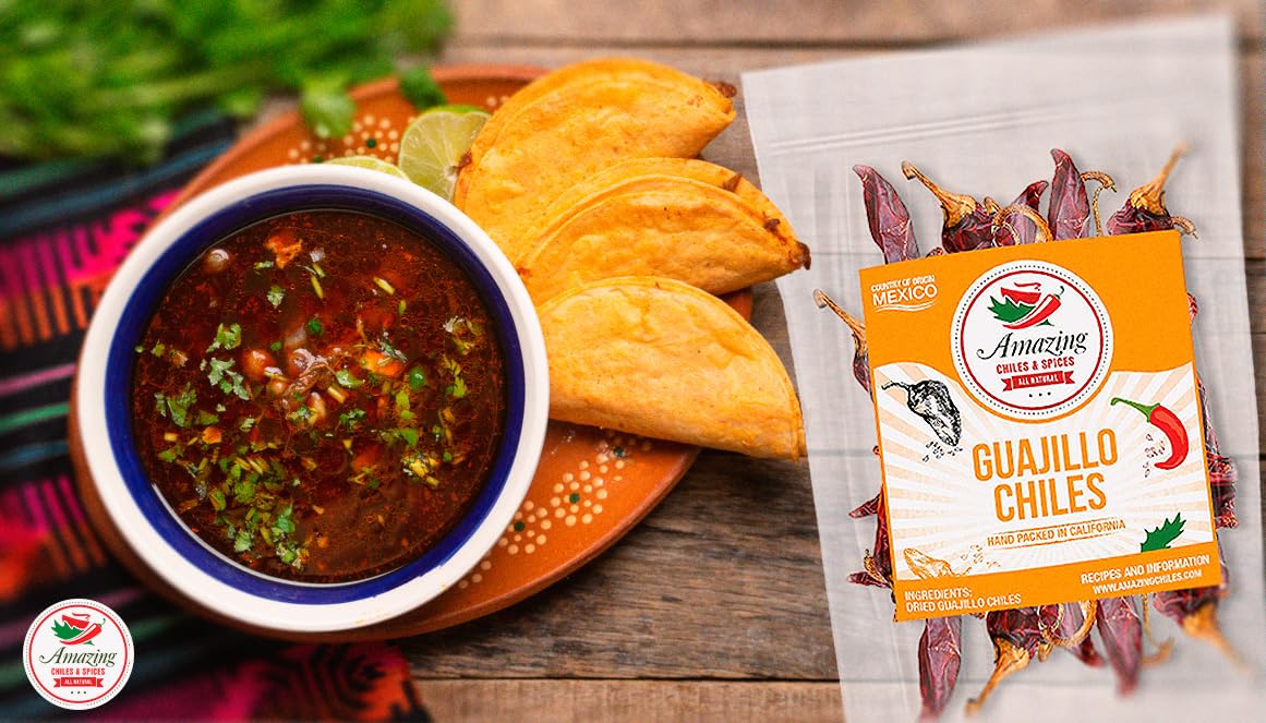 Guajillo Chiles Peppers Dried Whole 4 oz – Natural and Premium. Great For Mexican Recipes Like Mole, Tamales, Salsa, Meats. Mild to Medium Heat, Complex Fruity Flavor. Resealable Bag
