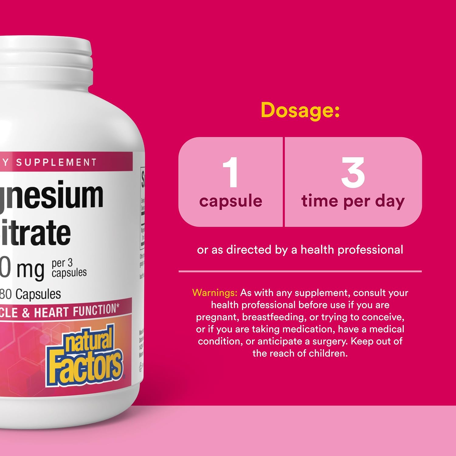 Natural Factors, Magnesium Citrate 150 mg, Muscle and Heart Health Formula, 180 Capsules