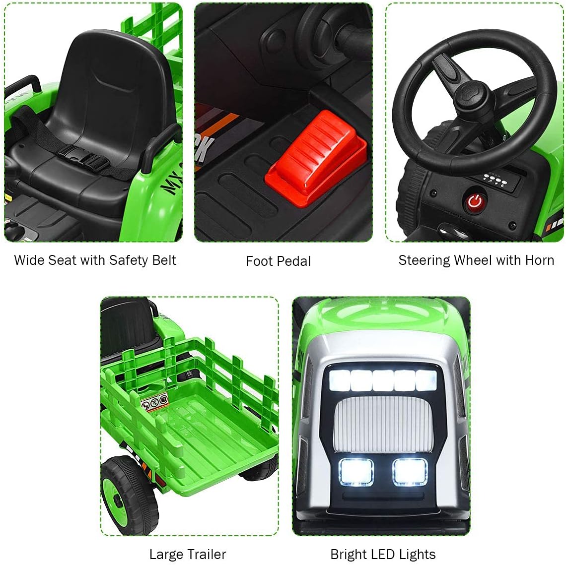 Costzon Ride on Tractor with Detachable Trailer, Kids' Electric Vehicles w/3-Gear-Shift Ground Loader, Wireless Design & USB, 7 LED Headlights