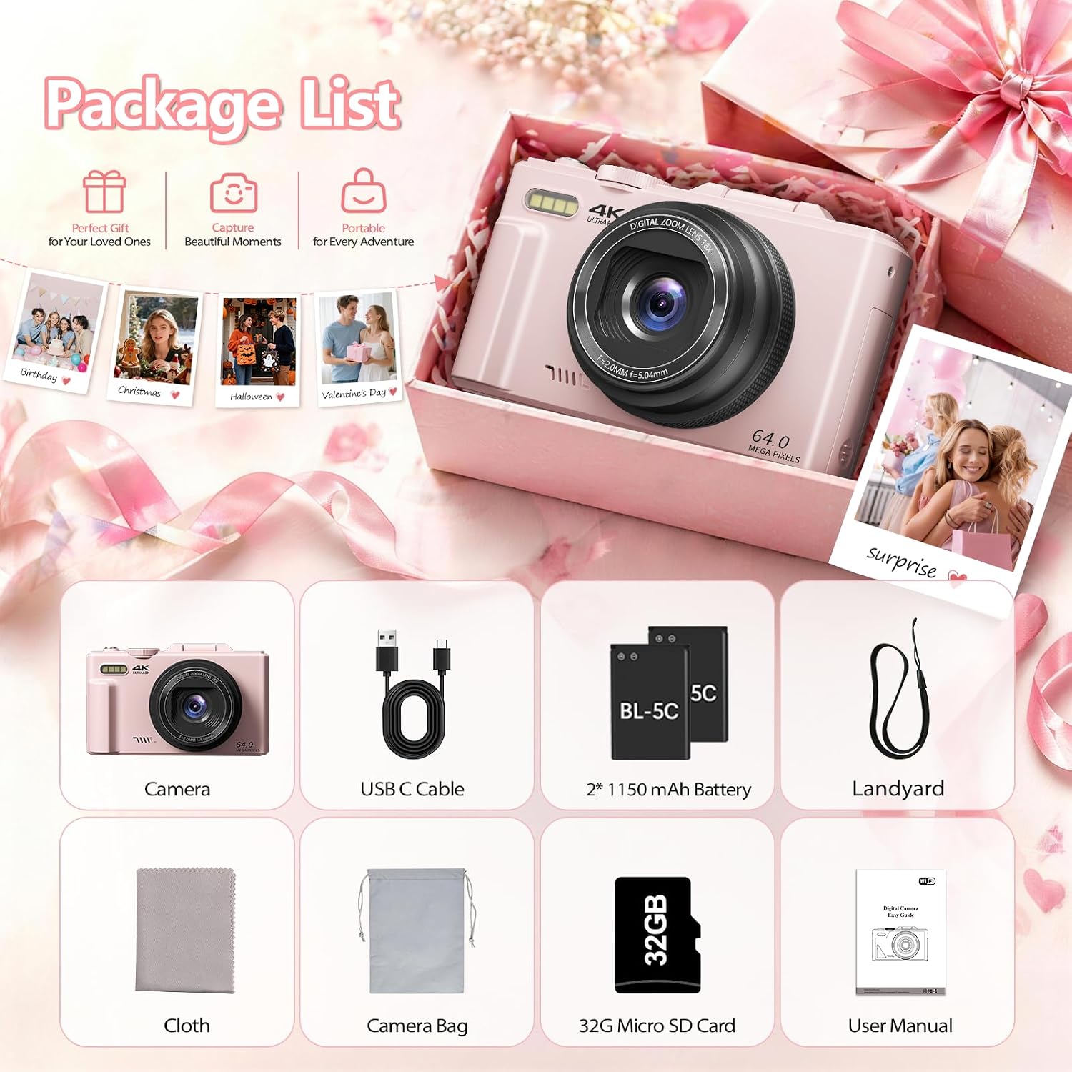 4K Digital Camera for Photography, 64MP Vlogging Camera for YouTube with 3" 180° Flip Screen, WiFi Compact Camera with 18X Digital Zoom, Comes with 32GB Micro SD Card & 2 Batteries, Black