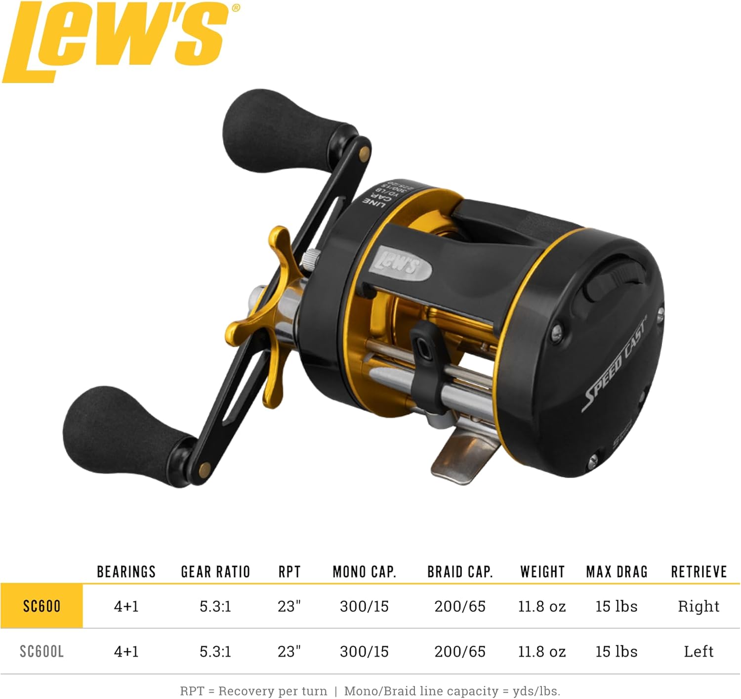 Lew's Speed Cast 5.3:1 Right Hand Casting Reel, Black/Gold