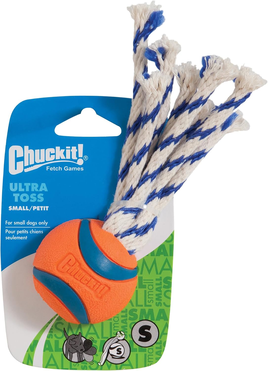 Chuckit! Ultra Tug Dog Toy - Ultra Ball on a Durable Nylon Cord Handle - Fetch and Tug-of-War Toy for Dogs - Size Large - For Breeds 60-100 lbs - 3-inch Diameter - Orange and Blue