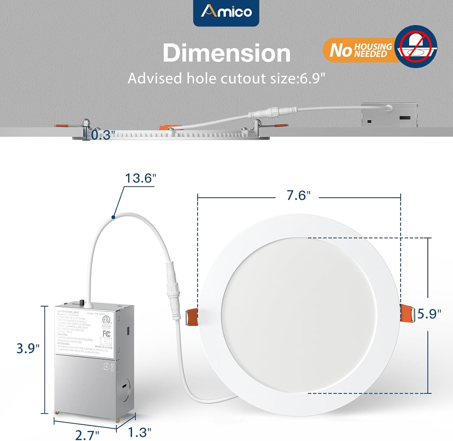 Amico 12 Pack 6 Inch LED Recessed Lighting, Canless Wafer Downlight, White